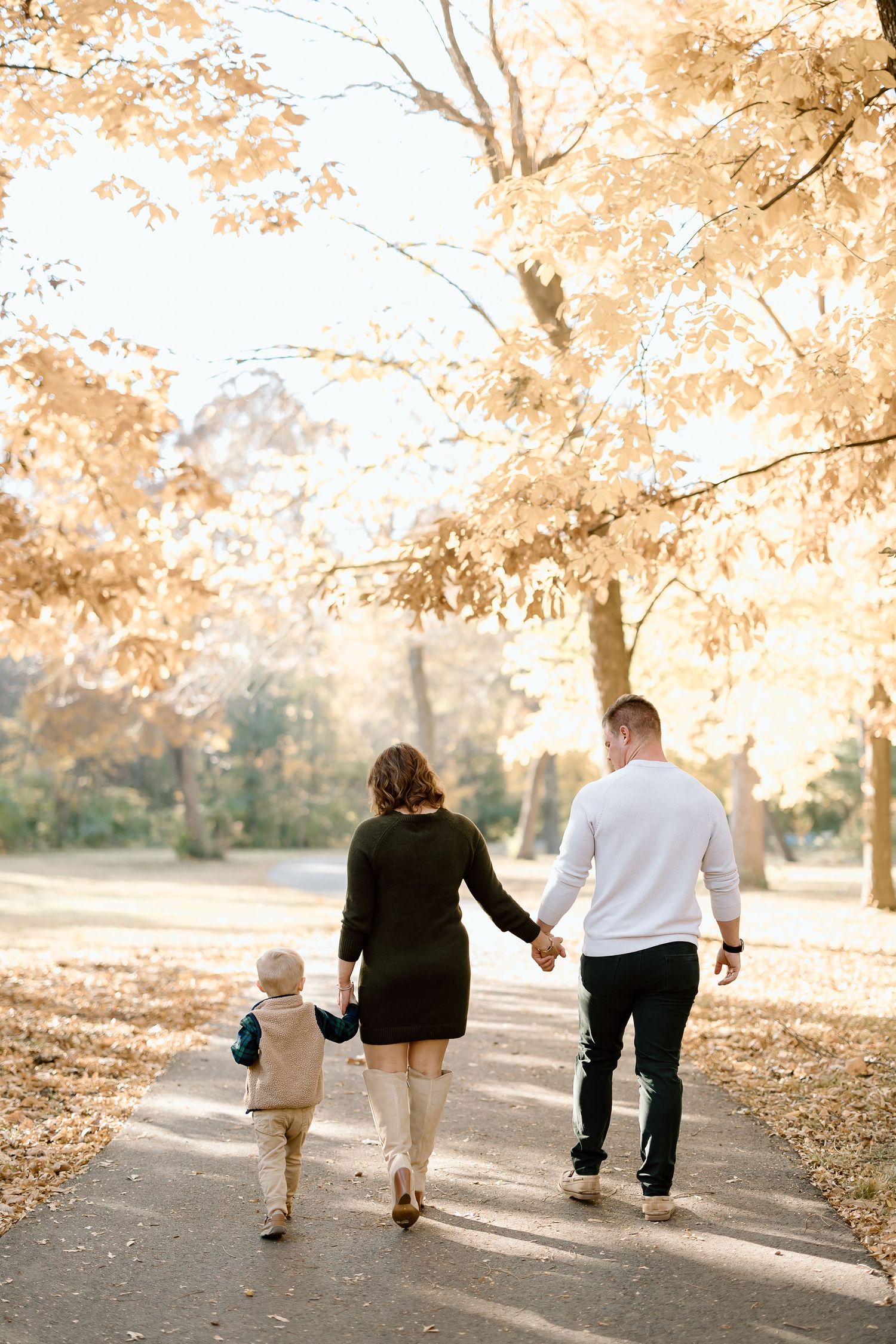 Family walking hand in hand down path under golden autumn trees.