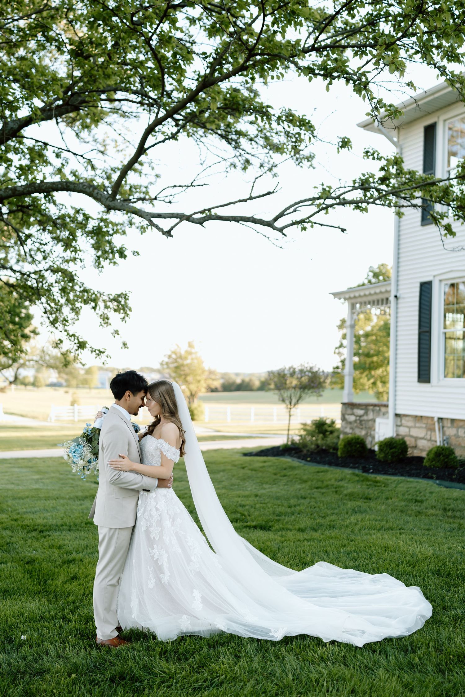 Bride and groom share a romantic moment under a tree, with her flowing white gown train spread across lush green lawn.