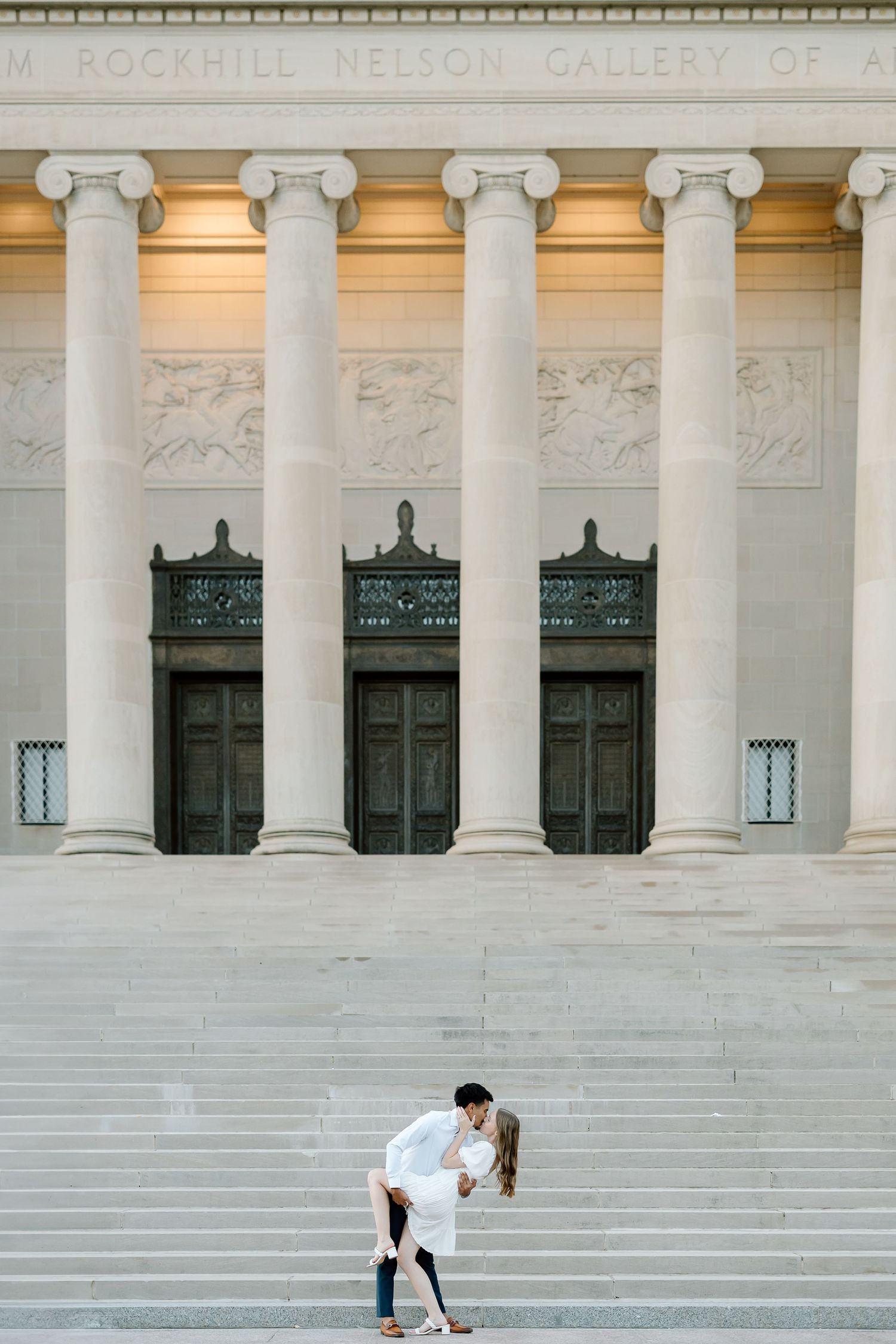 A sequence of photos showing someone sweeping white marble steps in front of a neoclassical building with columns.