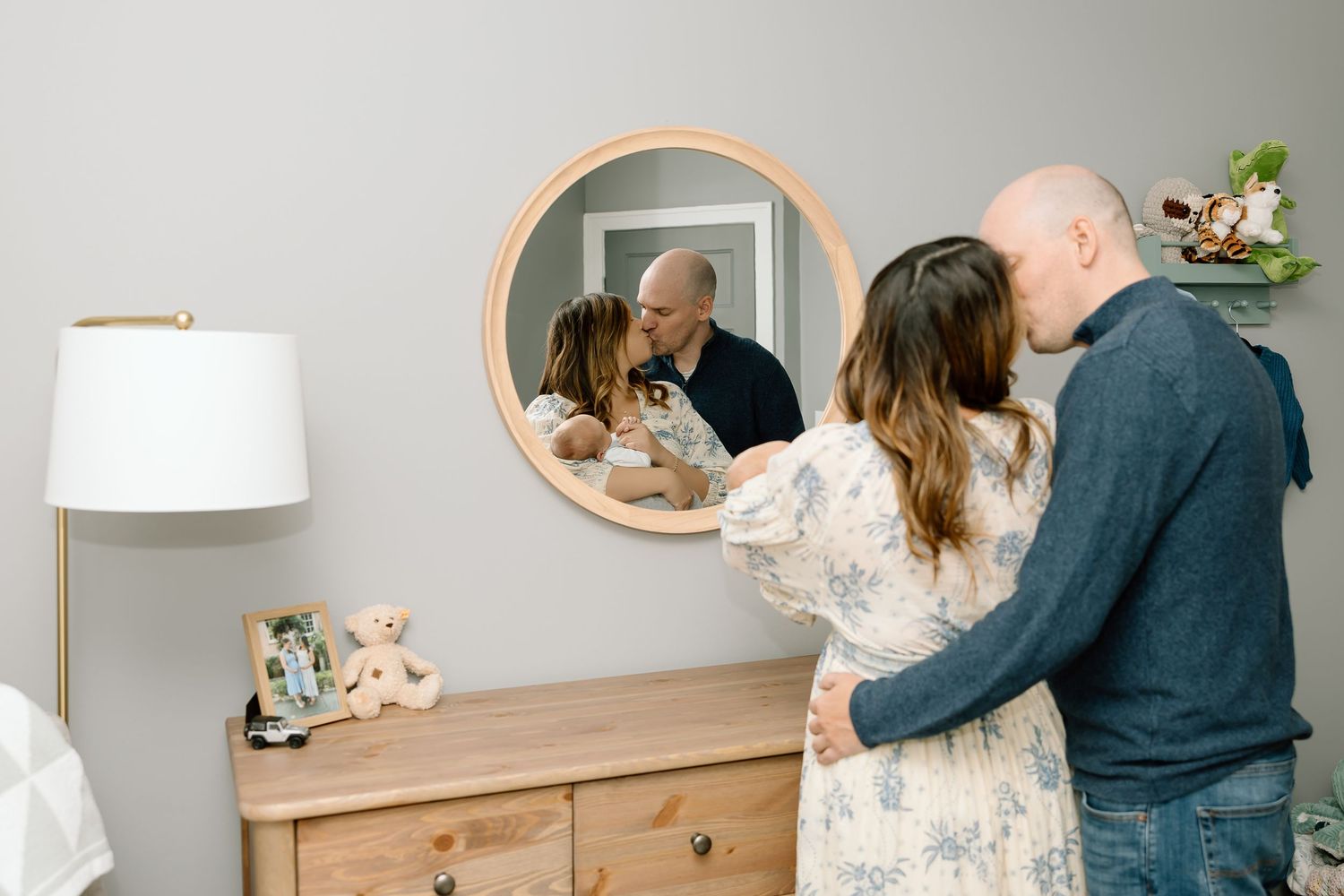 A sequence of candid lifestyle moments captured in a home interior with light wood furniture and white walls.