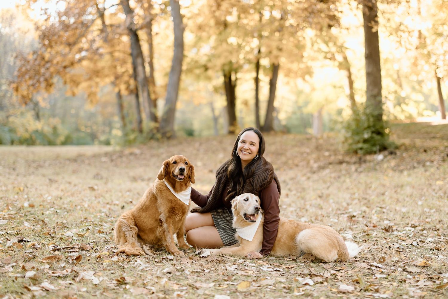 Golden retriever dog and person sit together in autumn leaves during outdoor photo session at sunset.