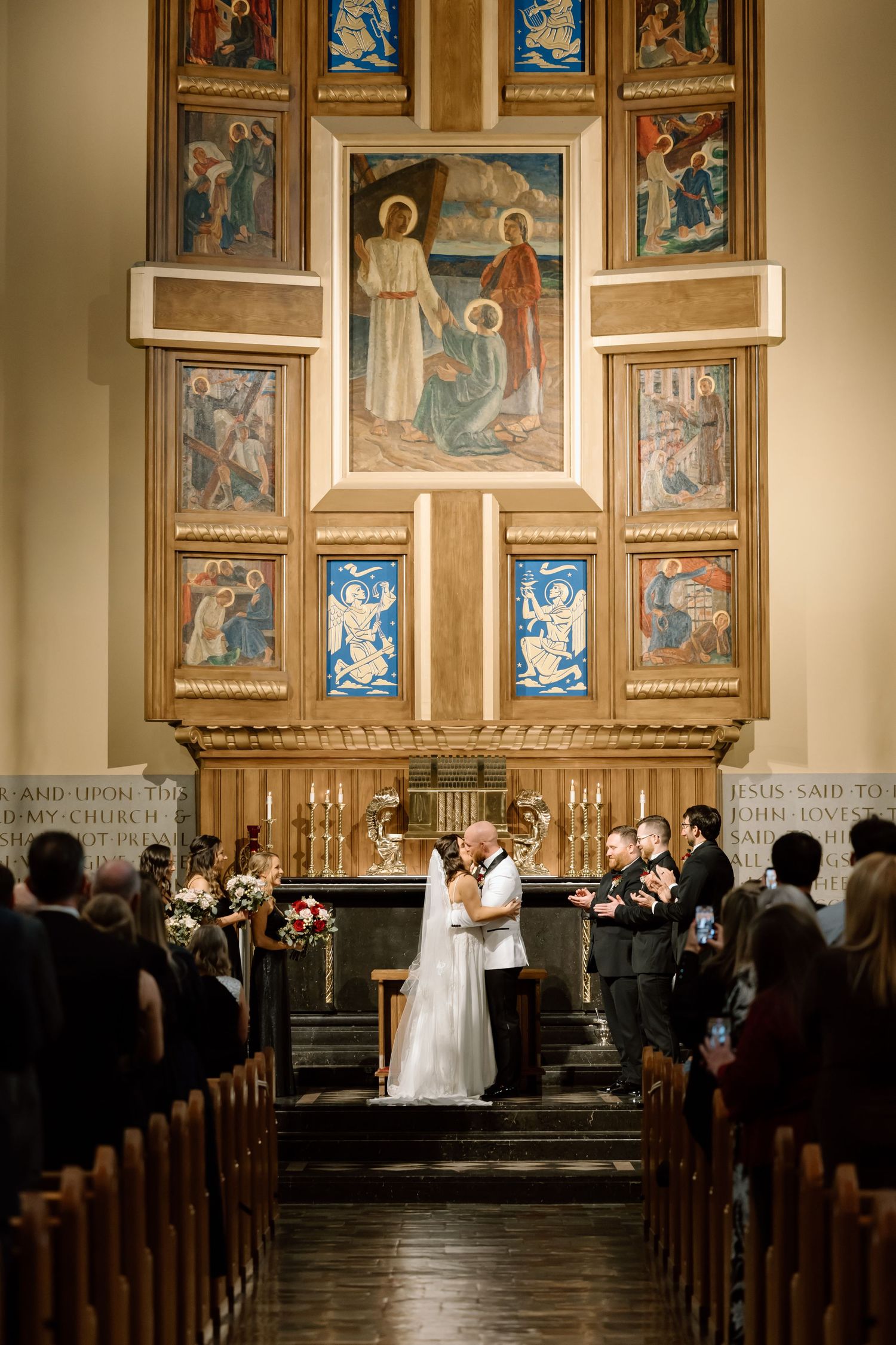 A church wedding ceremony sequence showing the progression of events at the altar against a backdrop of religious artwork.