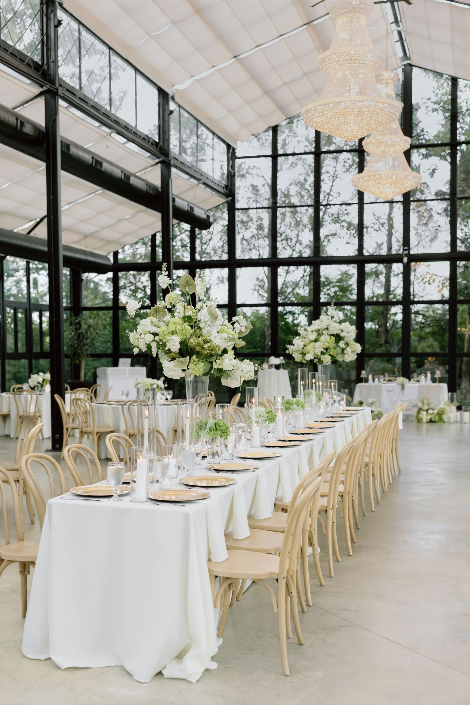 Elegant greenhouse wedding reception with long white-draped tables, wooden cross-back chairs, and tall white floral centerpieces.