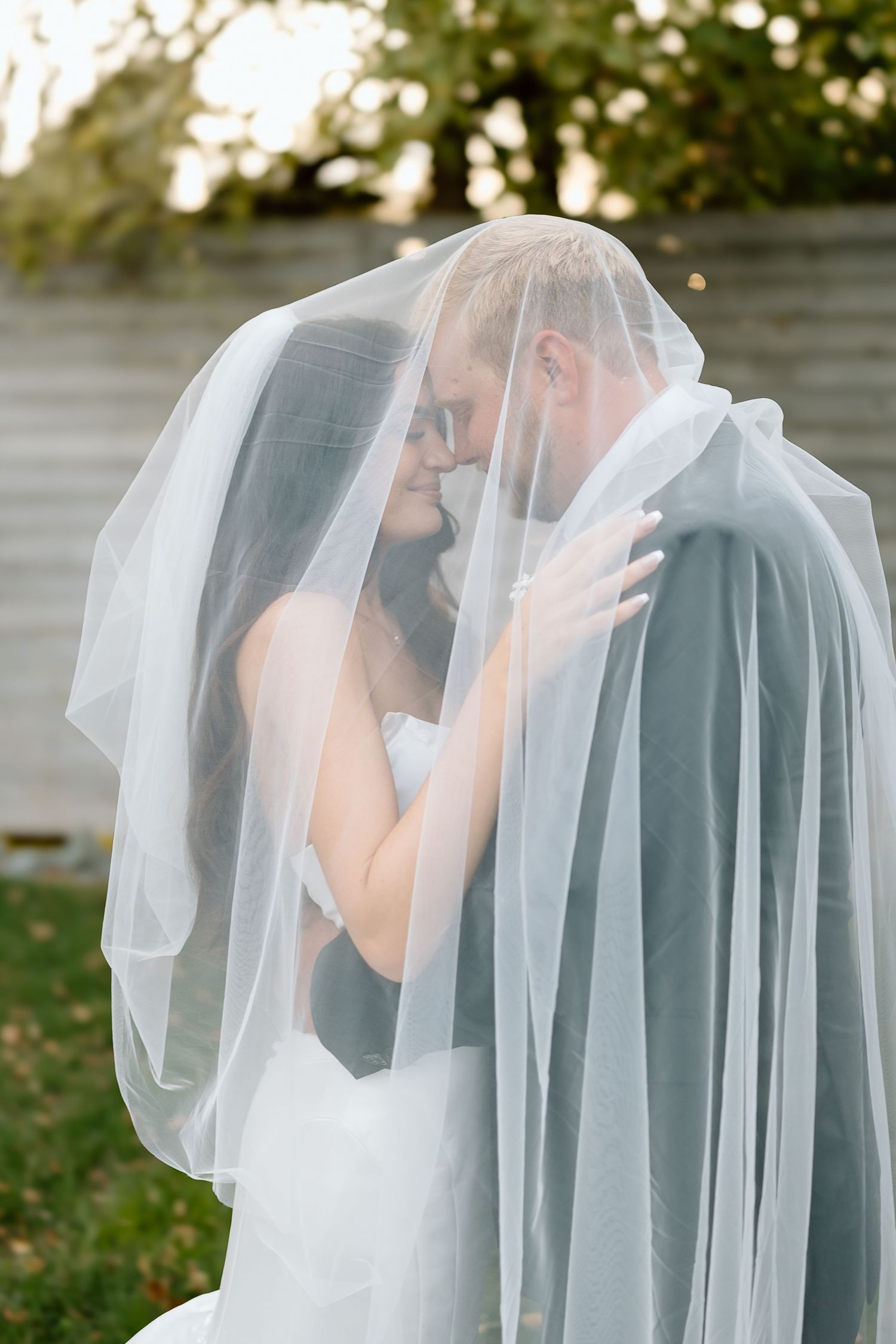 A romantic wedding moment with a couple sharing an intimate kiss under a flowing white veil.