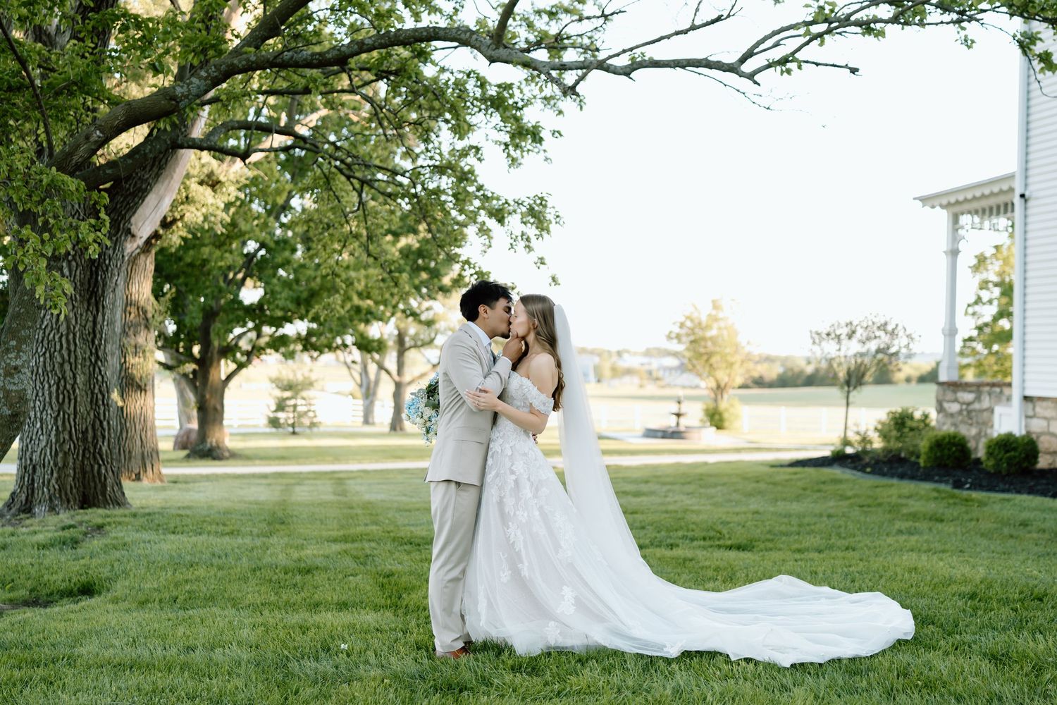 Bride and groom share a romantic kiss under a large tree on lush green lawn at an outdoor wedding venue.