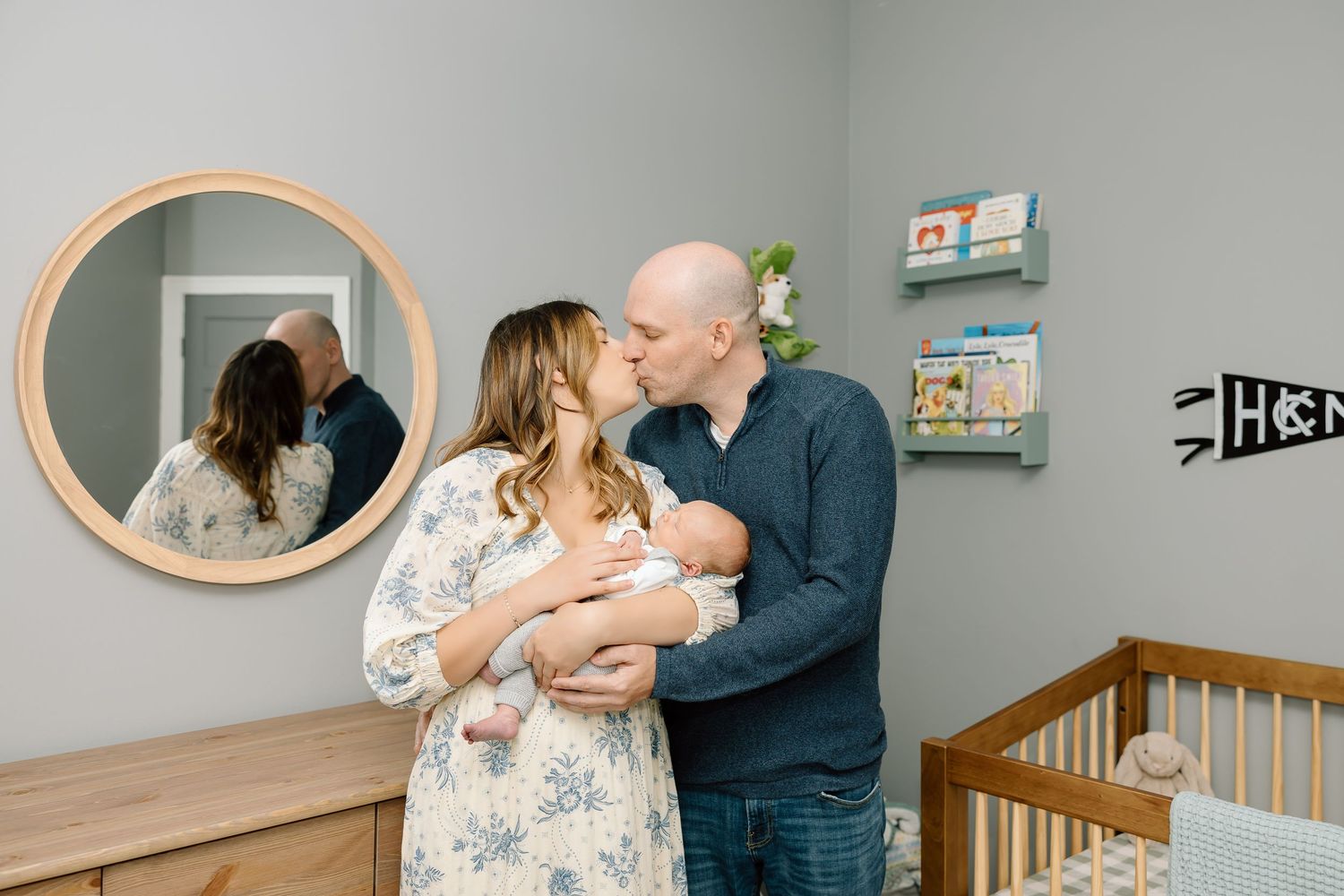 A series of nursery photos showing a baby's room with neutral decor and furniture arrangements.