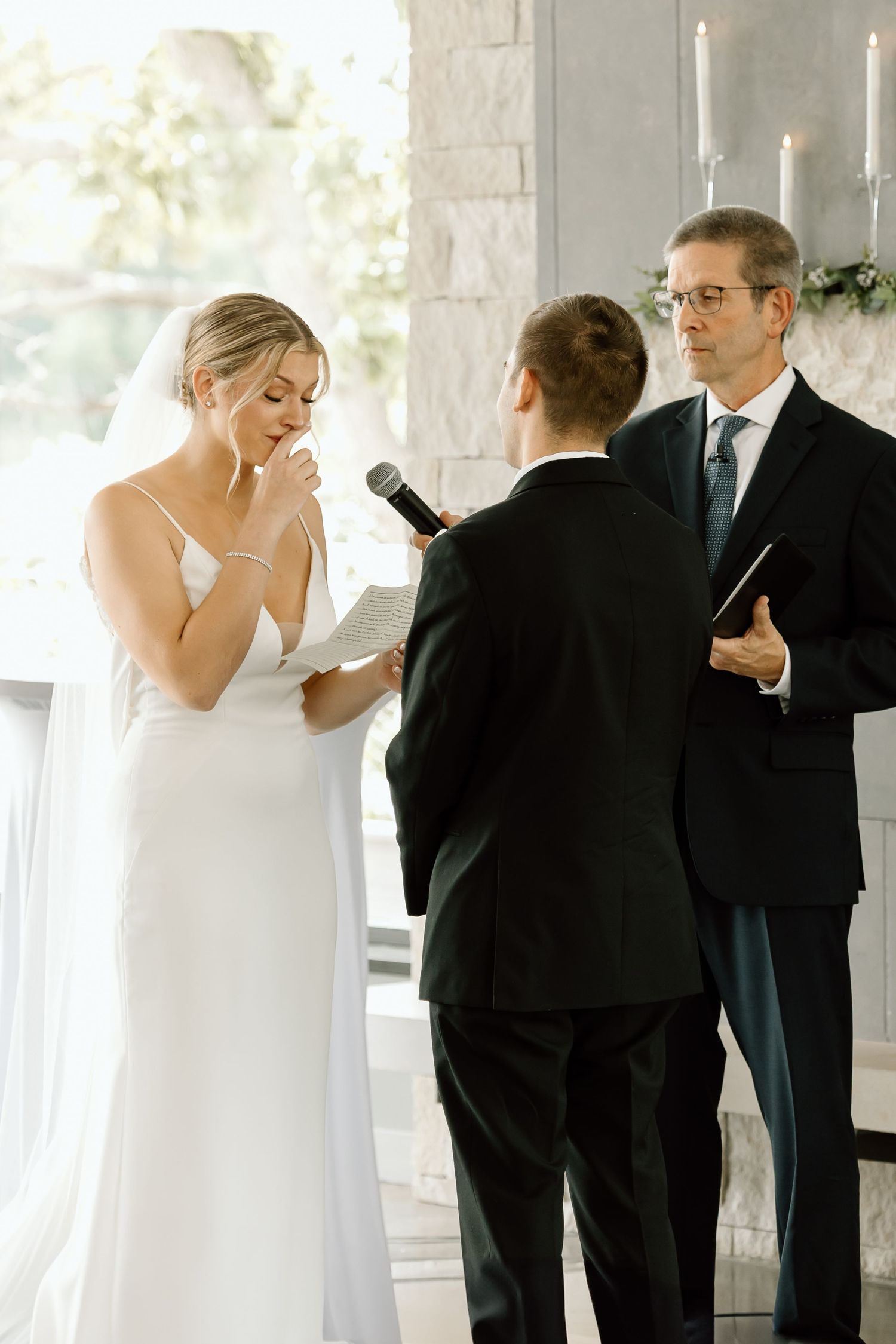 A sequence of wedding photos showing emotional moments between a bride and others during a special dance or ceremony.