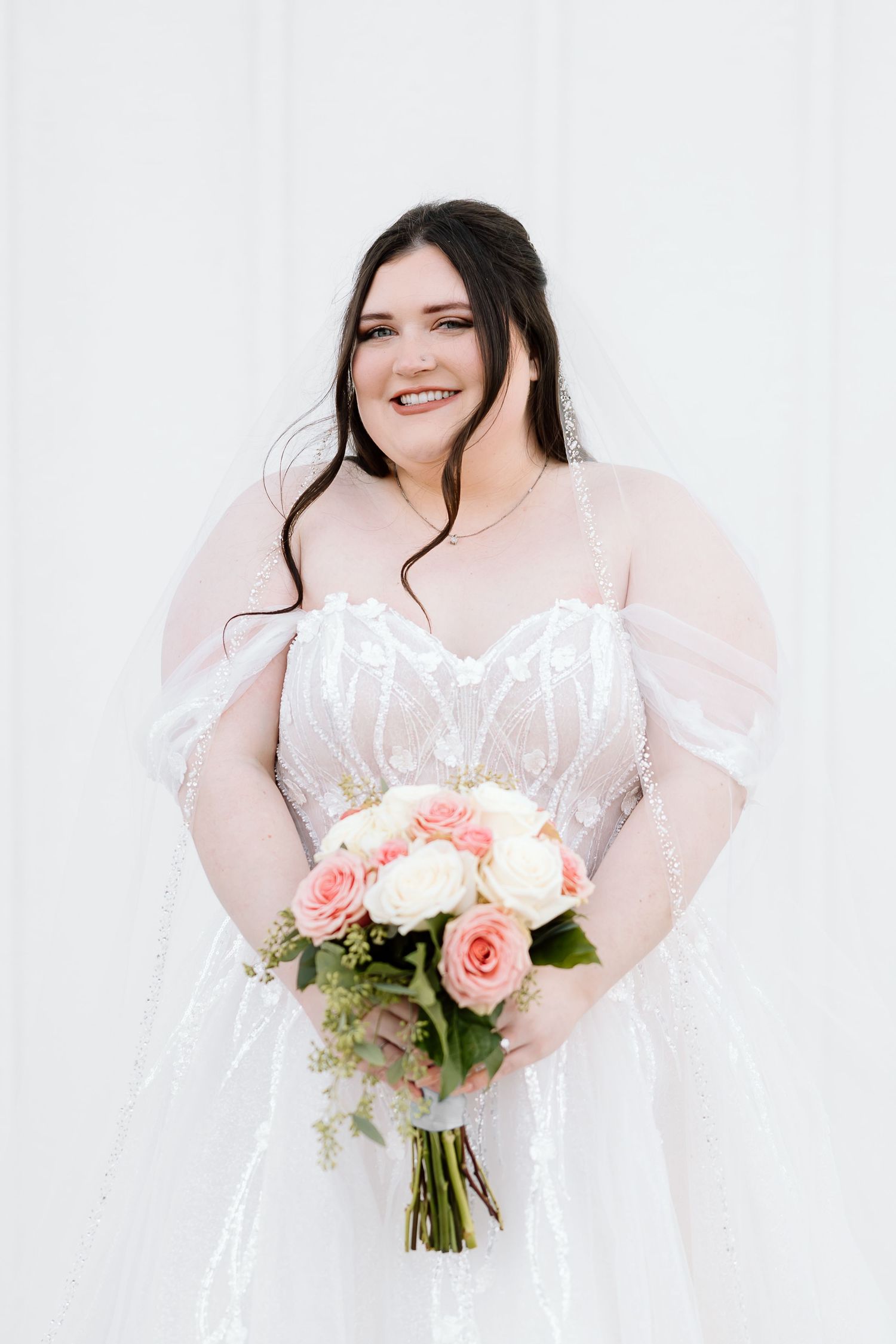 Three views of a bride in a white wedding dress holding a pink and white rose bouquet against a white background.