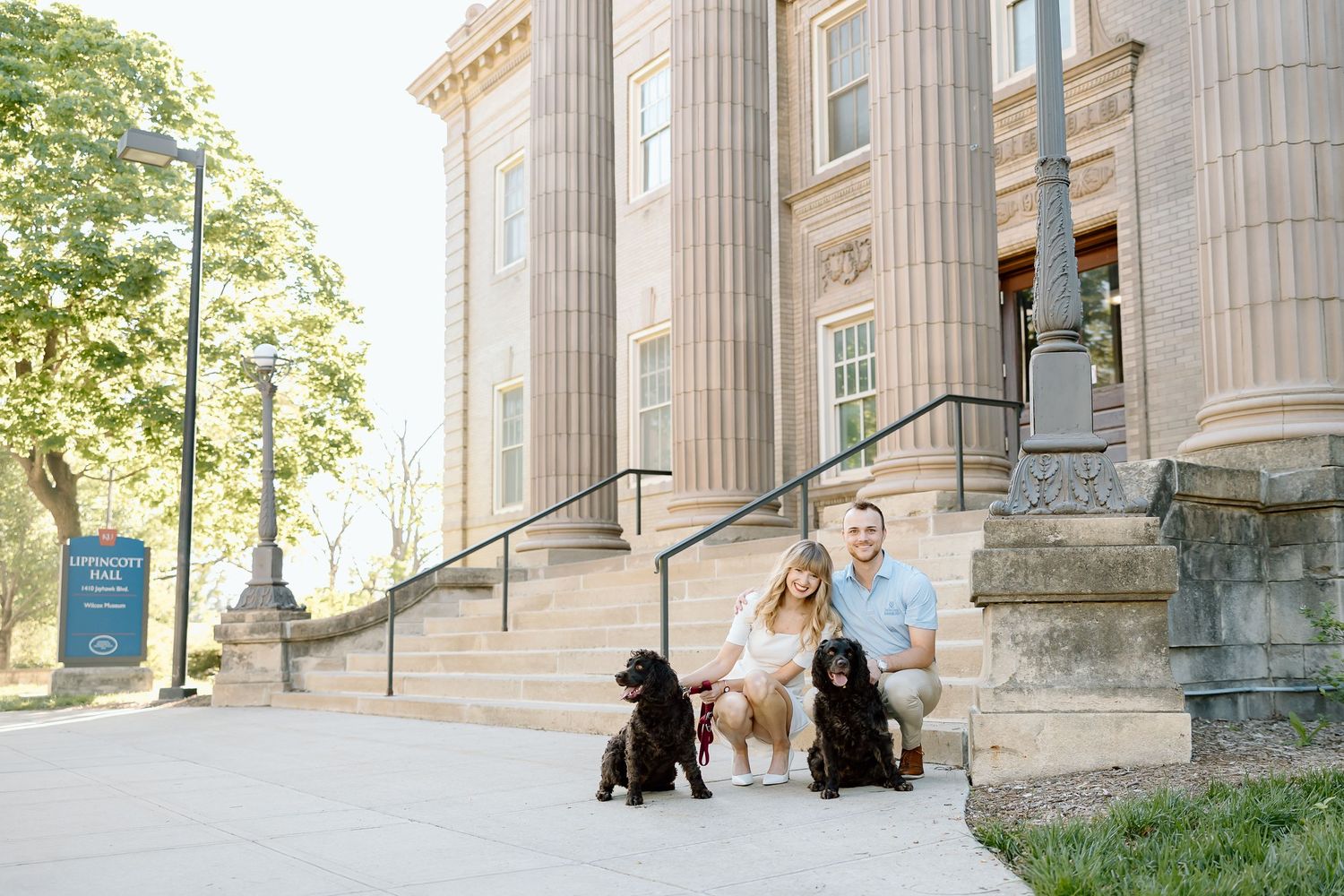 A dog sits on stone steps in front of a grand building with classical columns in warm sunlight.