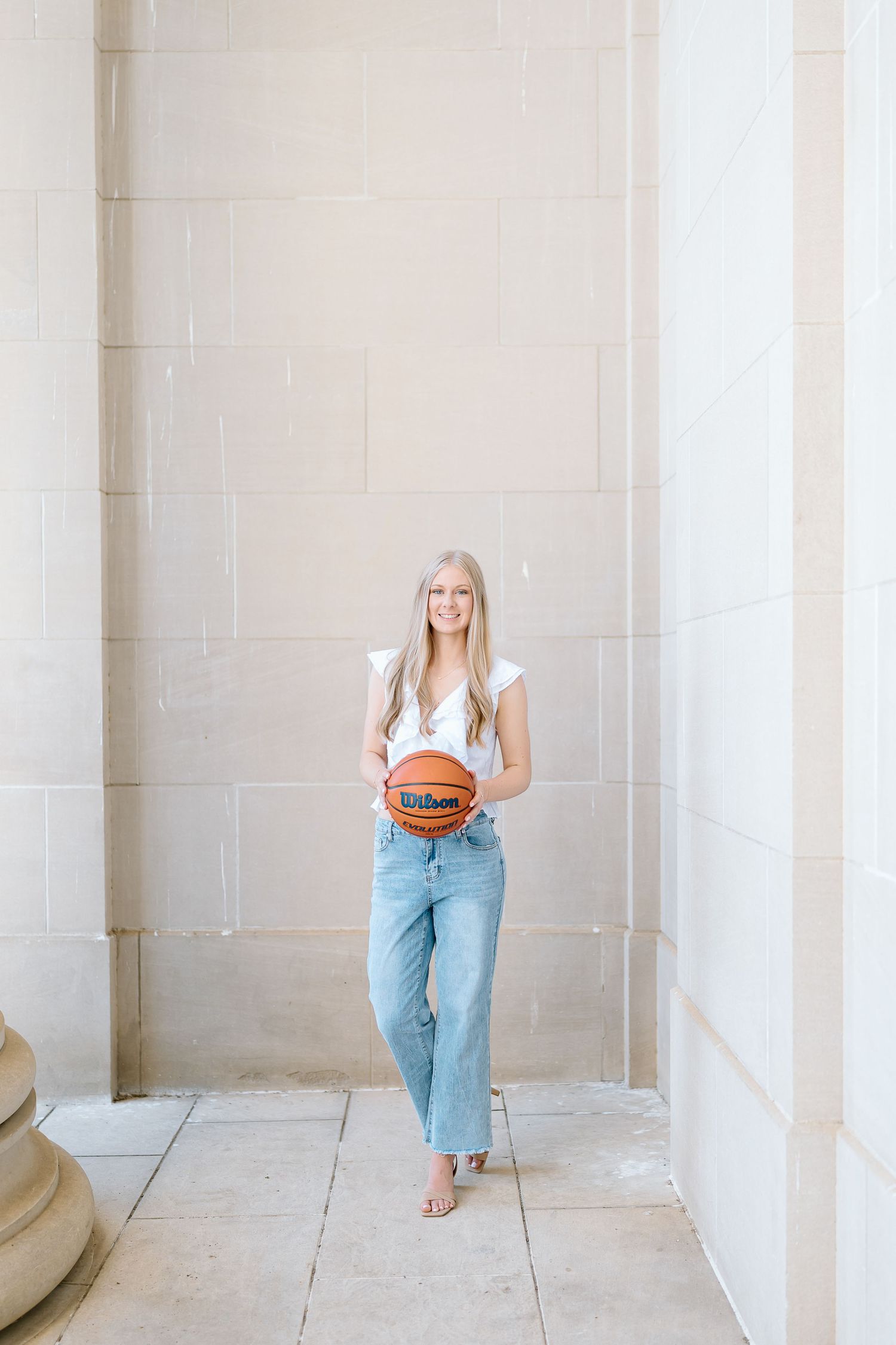 Three casual lifestyle photos showing someone in light jeans and white top against a neutral wall backdrop.