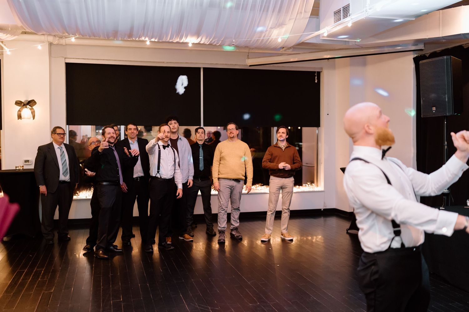 A collage of wedding reception dance floor scenes showing guests dancing and celebrating at an indoor venue.