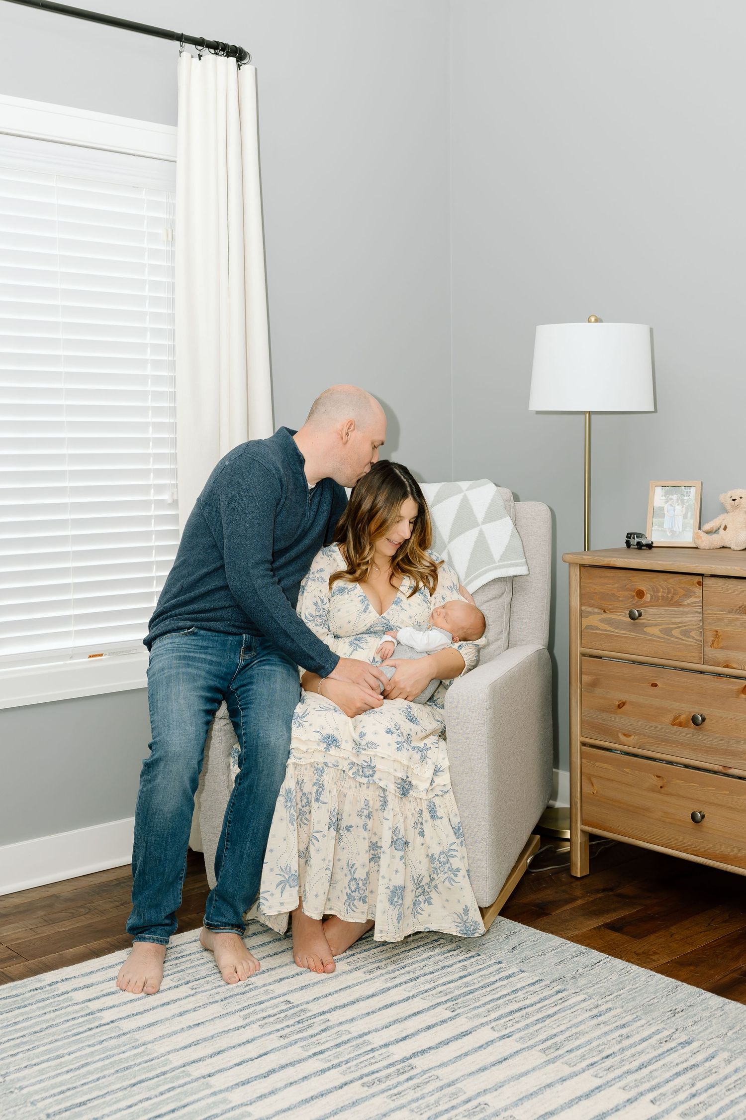 A sweet family moment captured in a series of photos showing tender interactions in a cozy bedroom setting.