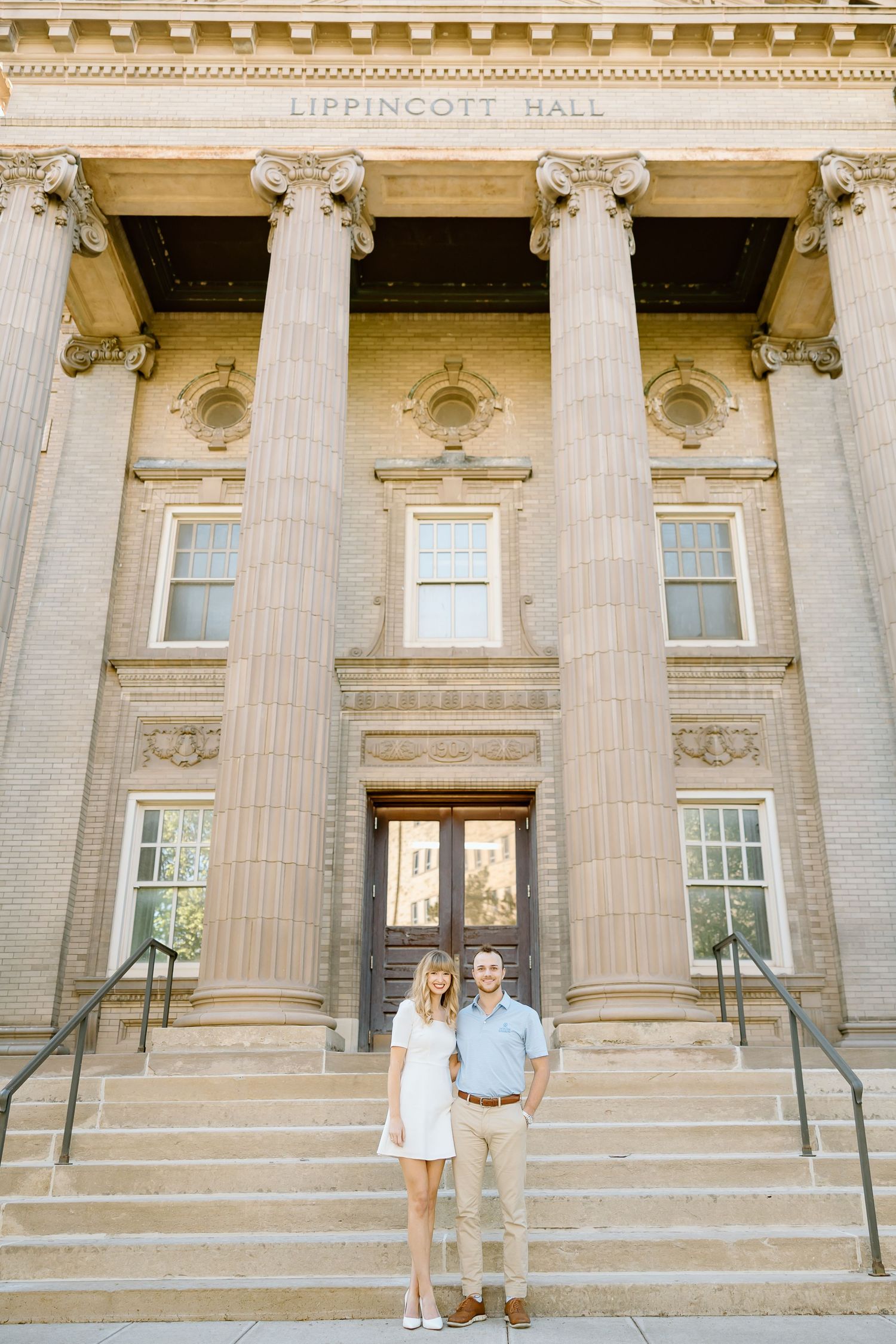 Architectural series of Lippincott Hall building exterior with classical columns and stone steps.