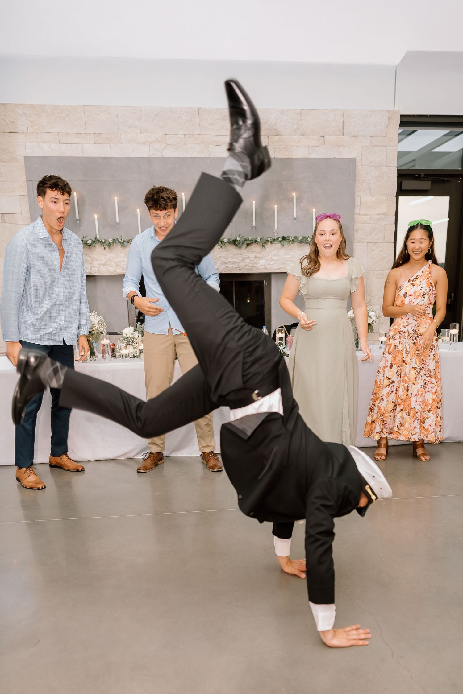 Sequential photos showing a person performing breakdancing moves at a wedding reception on a dance floor.