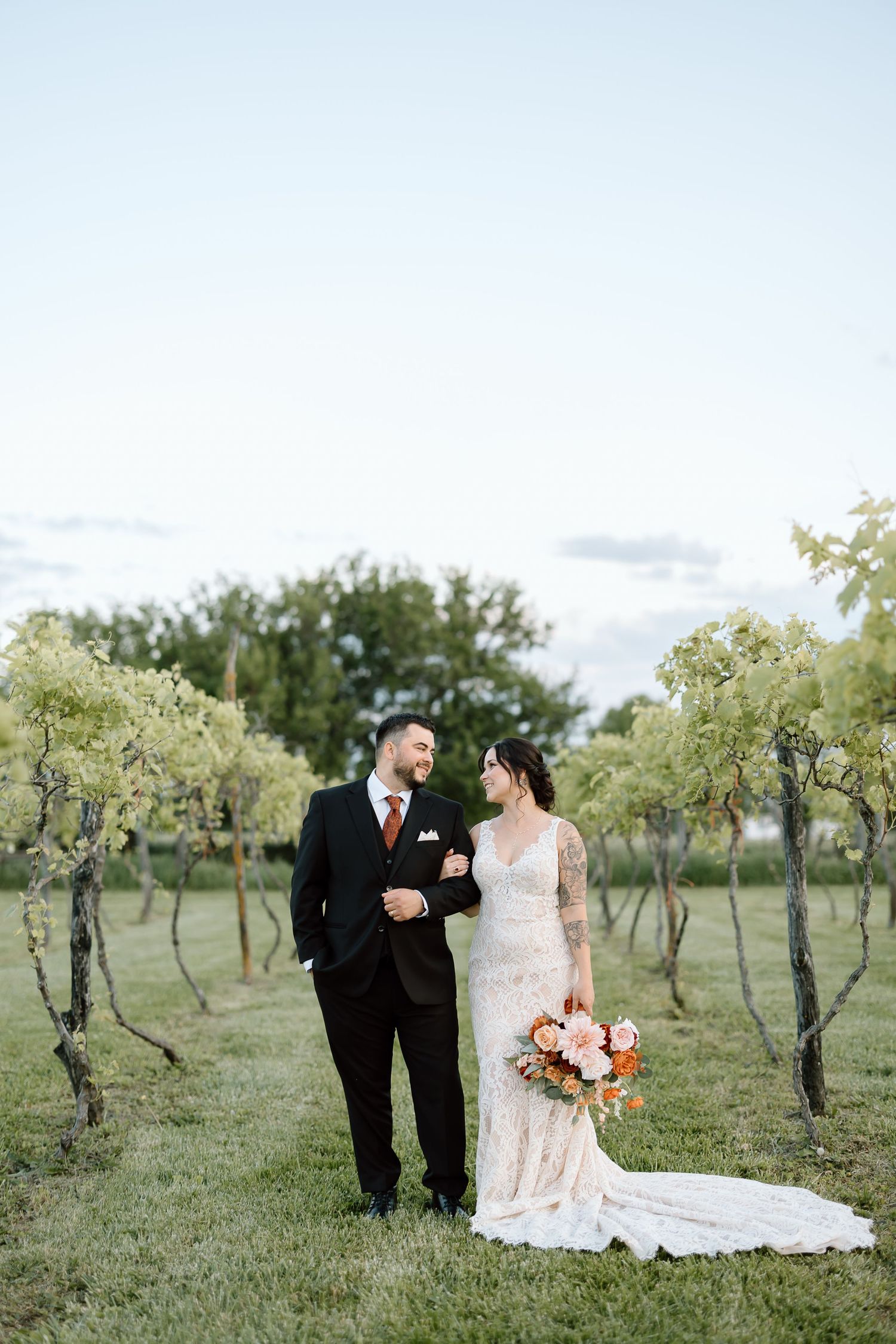 A romantic wedding couple standing among grapevines at a winery during sunset.
