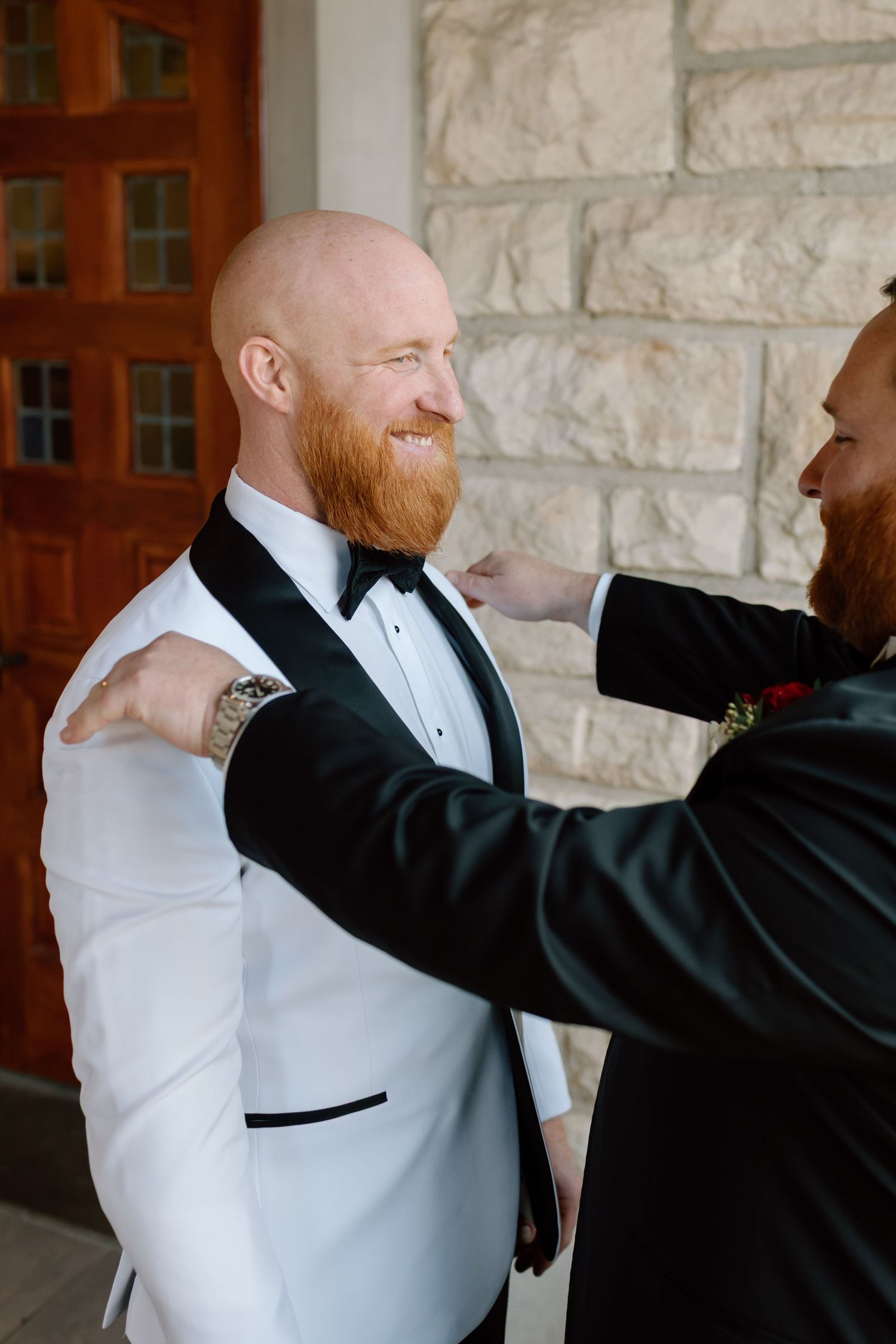 A sequence of photos showing someone in a white tuxedo jacket getting dressed and adjusting their formal attire.