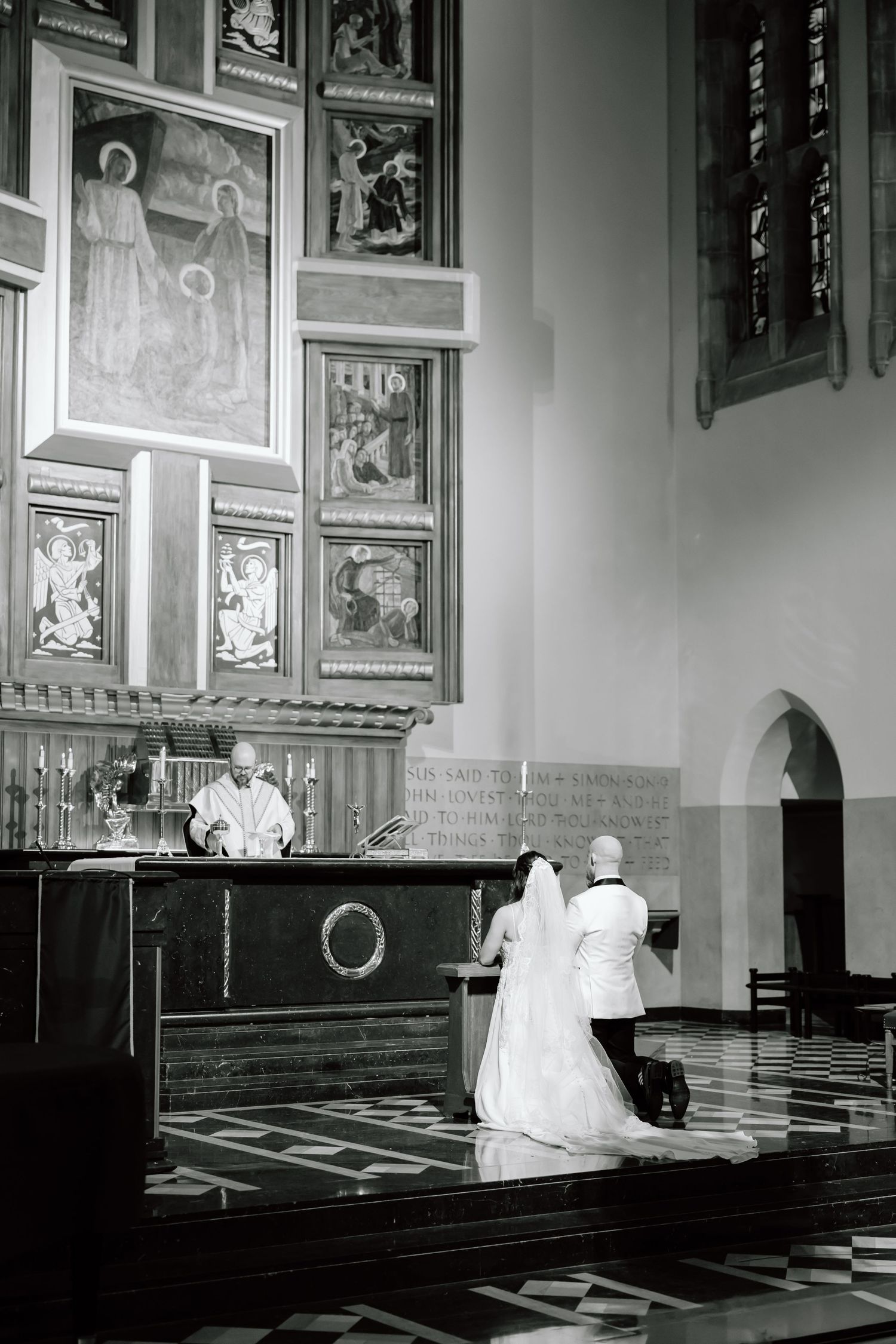 Black and white photo sequence showing a wedding ceremony in a grand church interior with ornate decorative walls.
