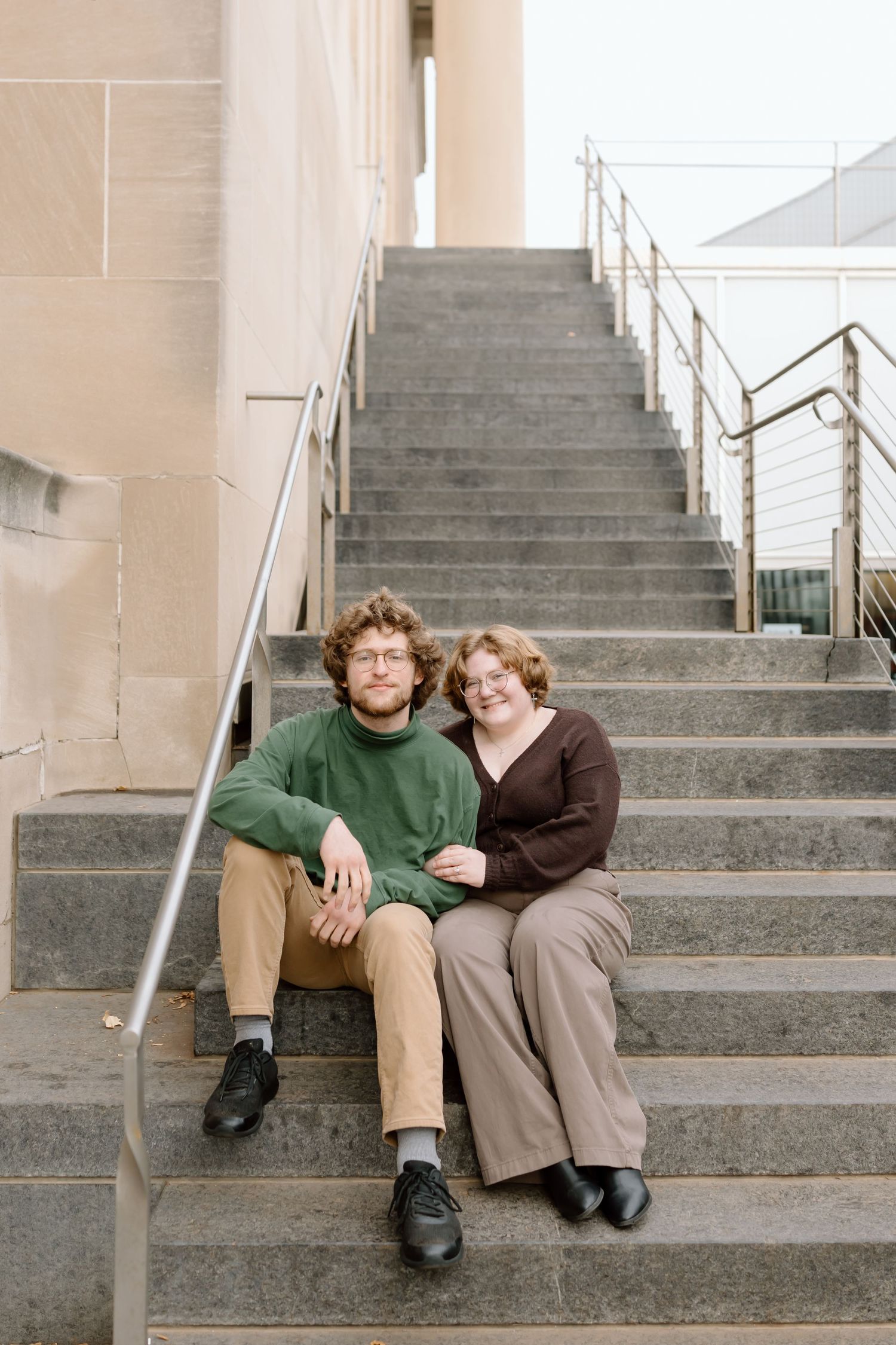 A couple sits together on concrete stairs in a series of four sequential photos showing their casual interaction.