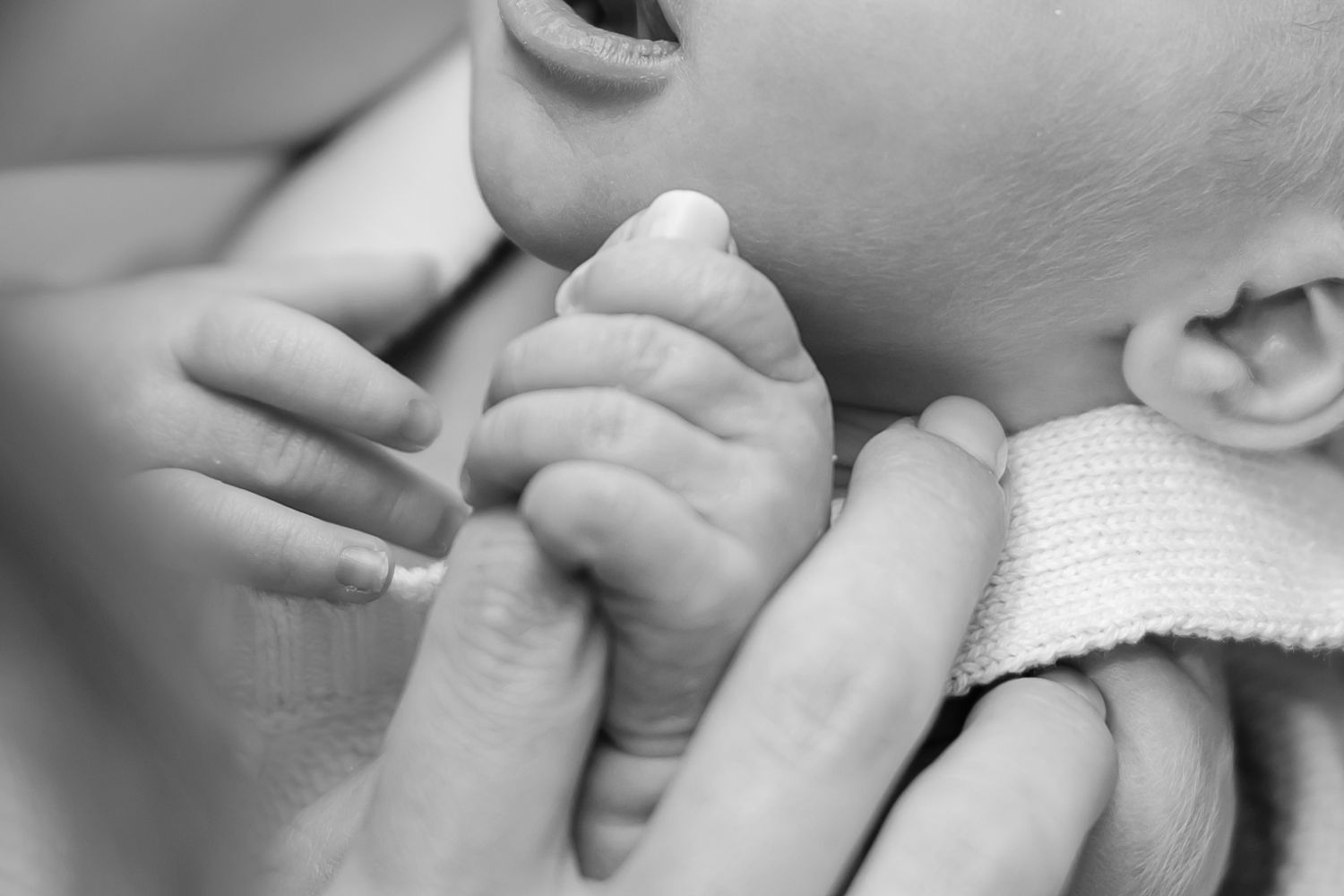 Close-up black and white image of baby's tiny hand being held.