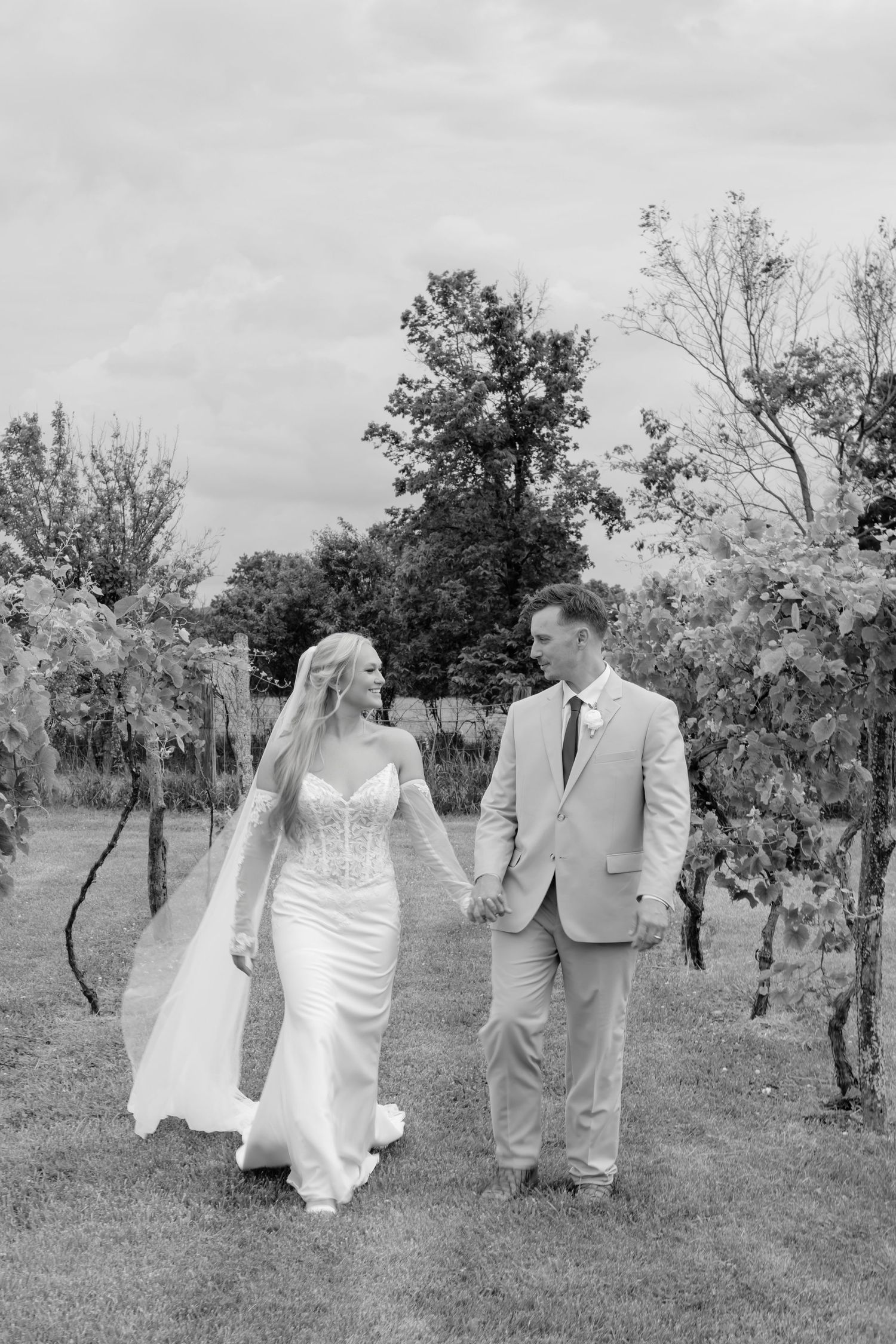Black and white photo of a bride and groom holding hands walking through a vineyard on their wedding day.