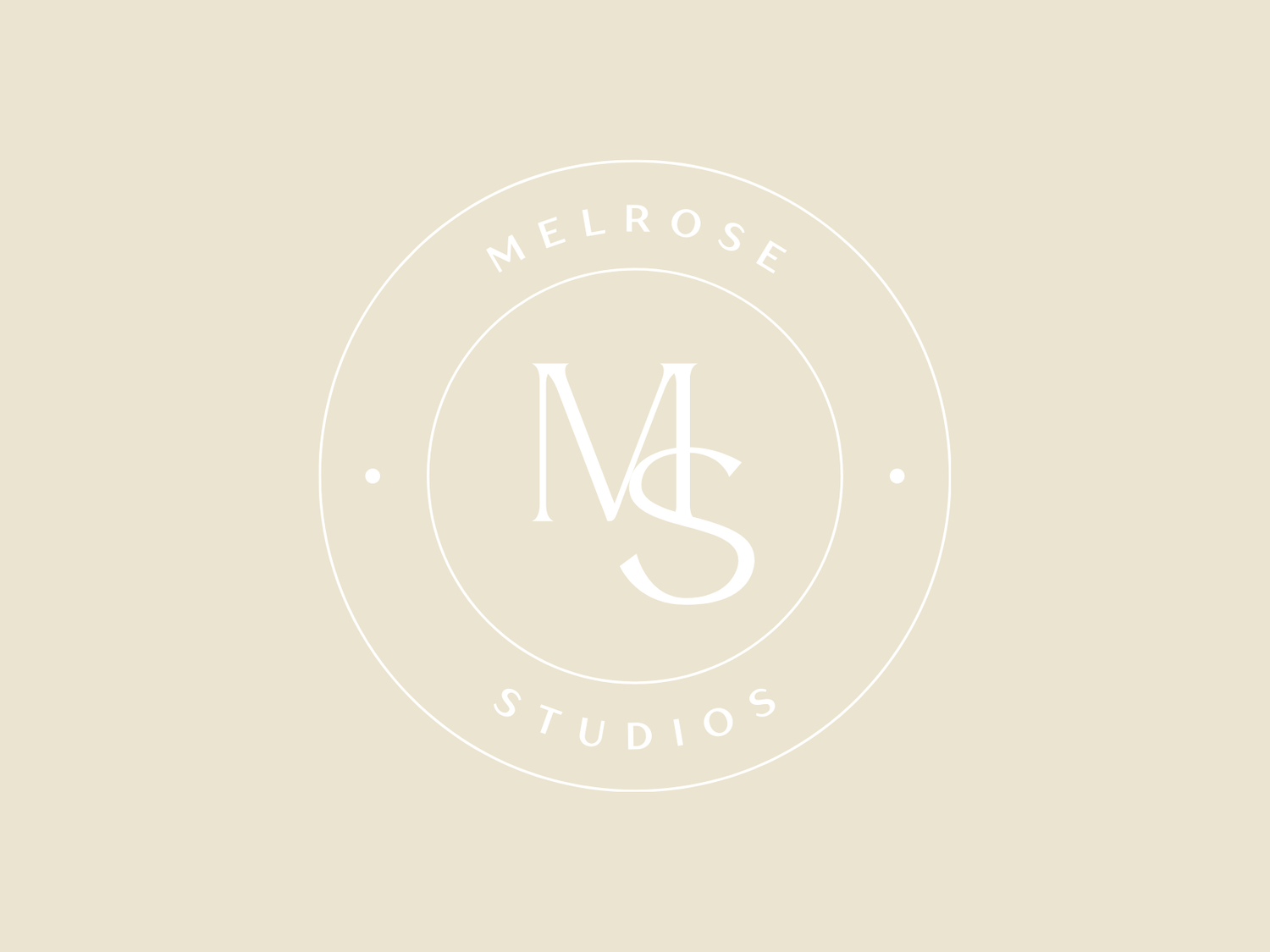 Minimalist circular logo design with MS monogram in white against a beige background.