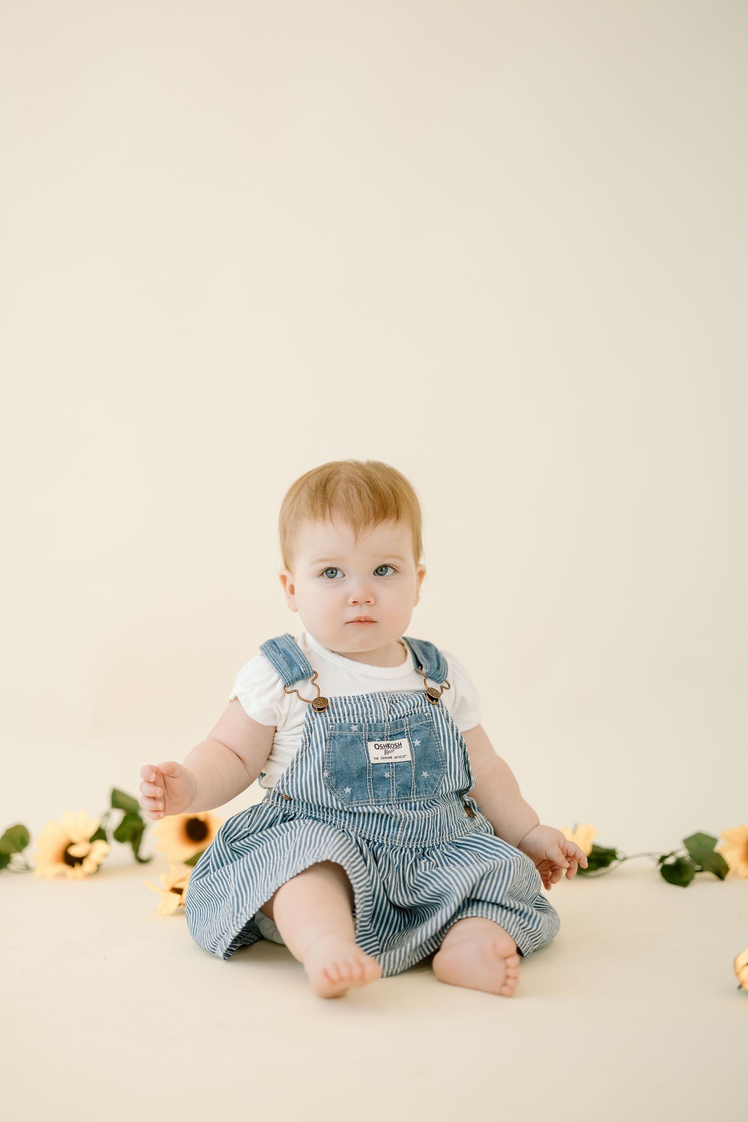 A baby in blue and white striped overalls sits on a cream backdrop with scattered rose petals.