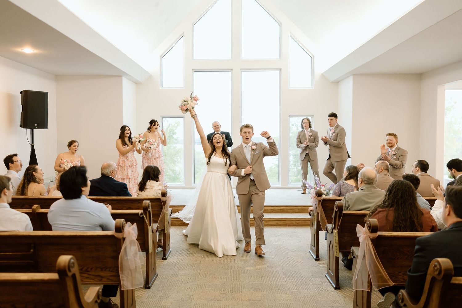 A series of wedding ceremony photos showing a bright modern chapel with large windows and guests celebrating.