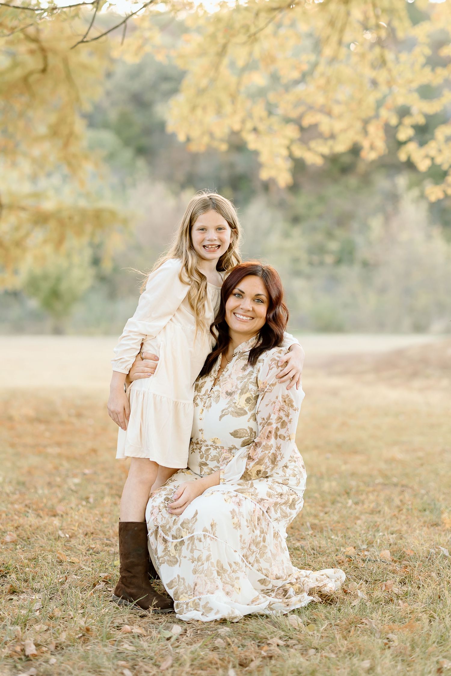 A series of outdoor autumn portraits in a field with golden foliage and warm natural lighting.