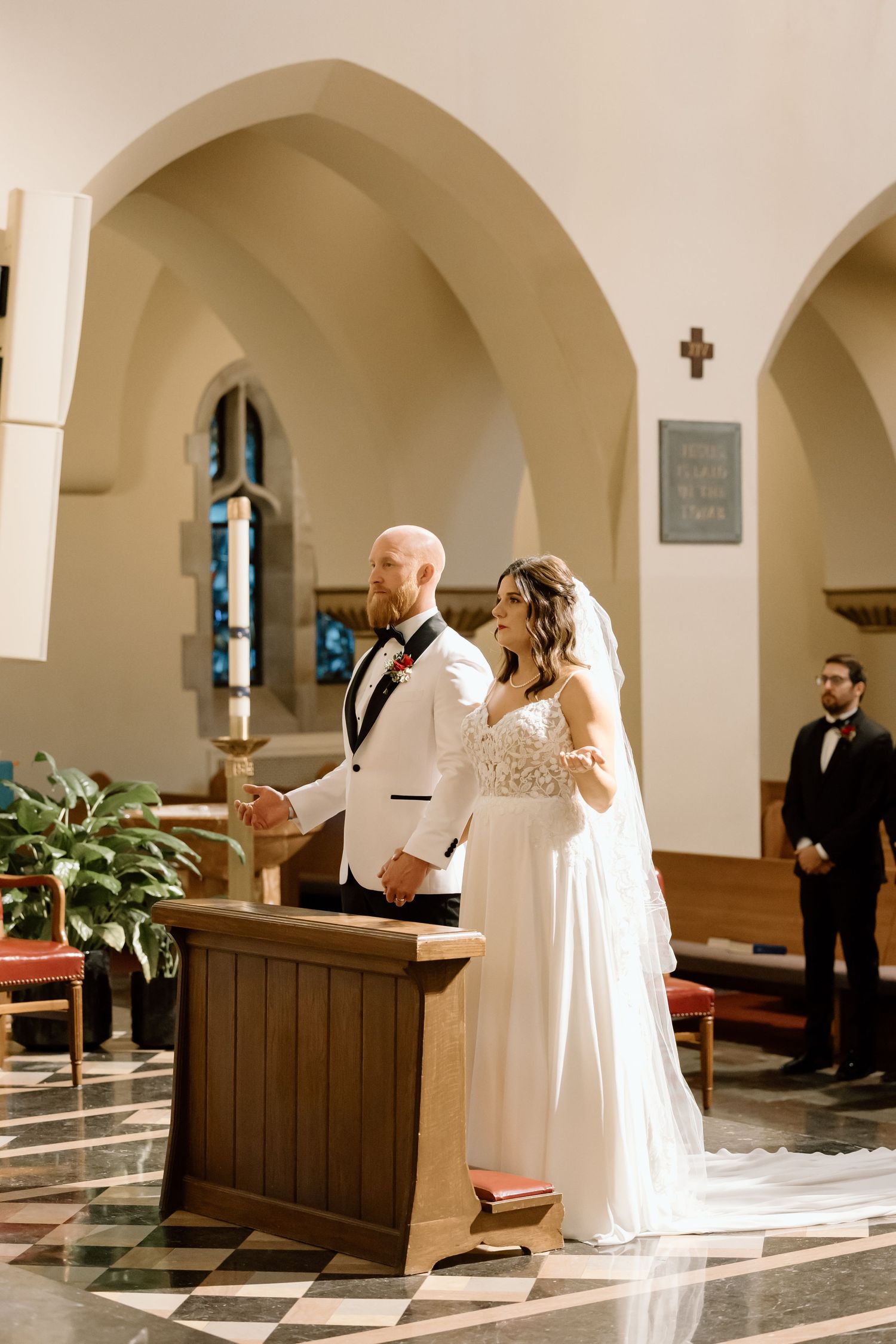 A series of wedding ceremony photos showing the bride and groom at different moments in a church with arched ceilings.