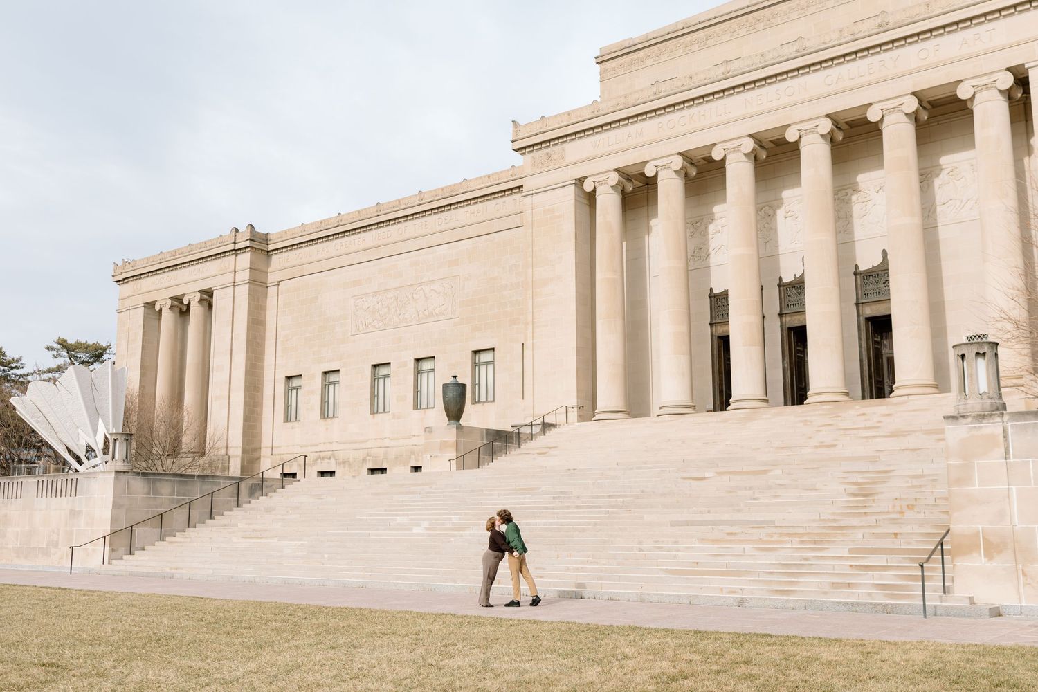 Exterior view of the Nelson-Atkins Museum of Art in Kansas City showing its iconic neoclassical columns and facade.