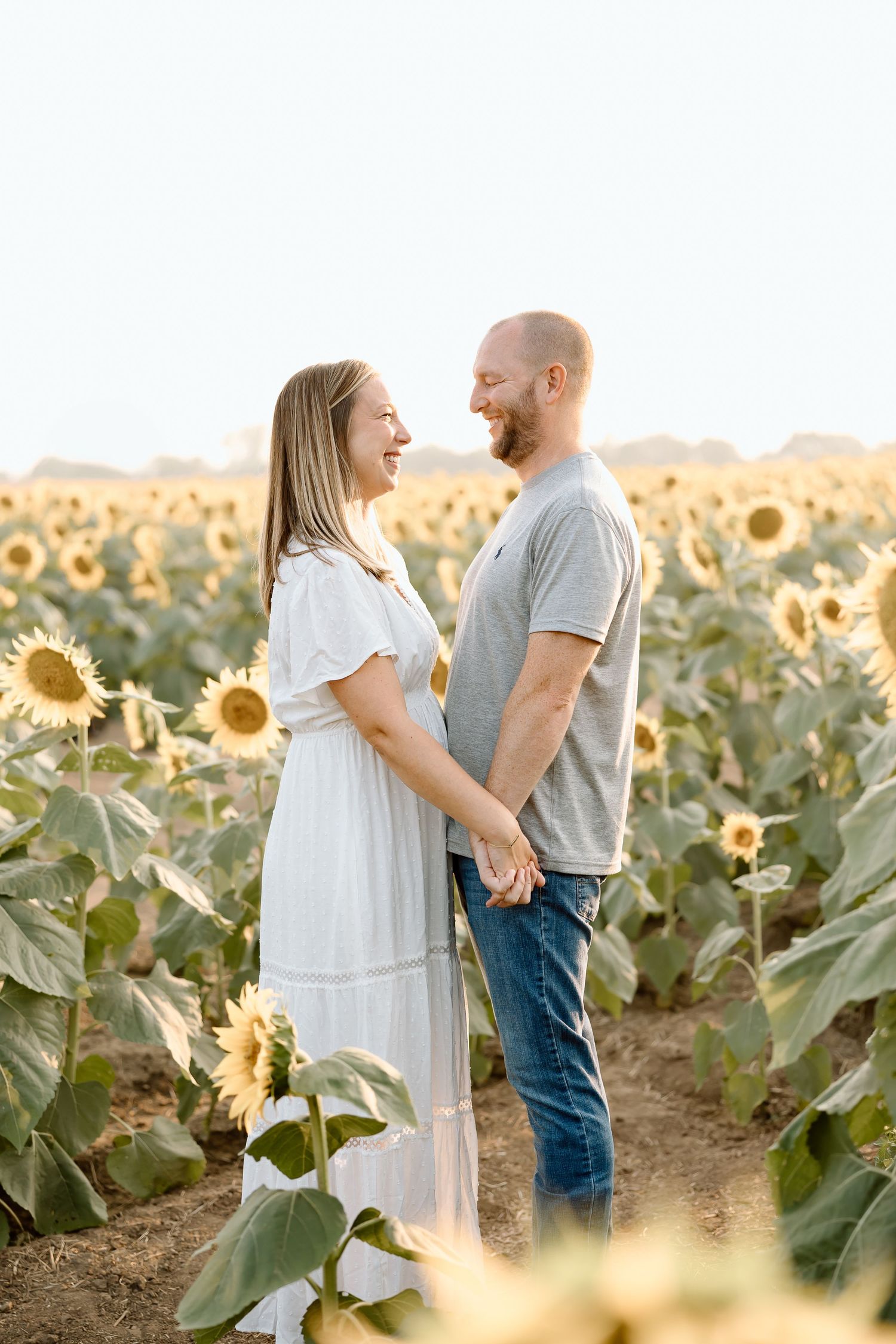 A couple shares a tender moment together in a golden sunflower field during sunset.