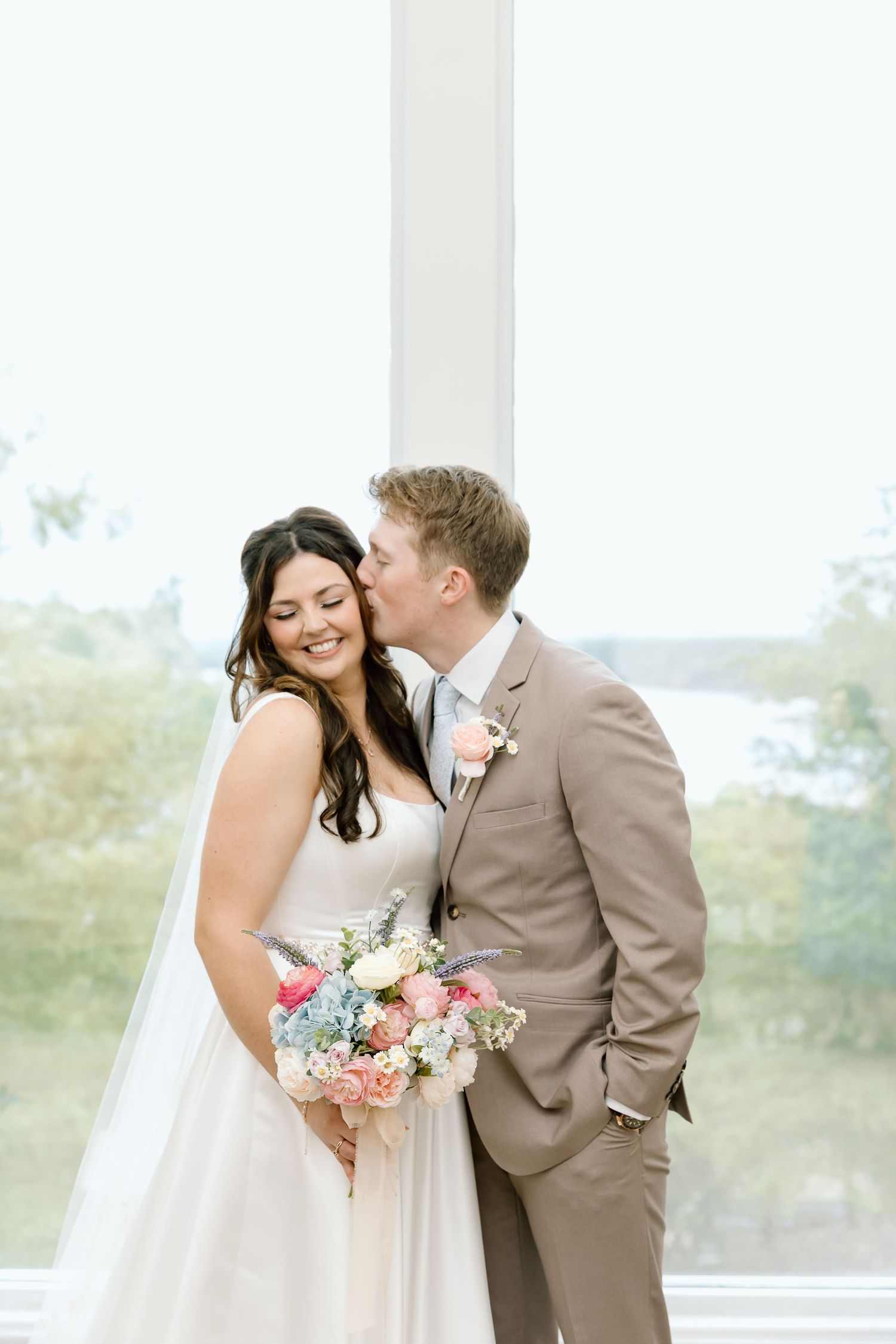 A romantic wedding moment captured in a series of four photos showing tender embraces and floral bouquets.