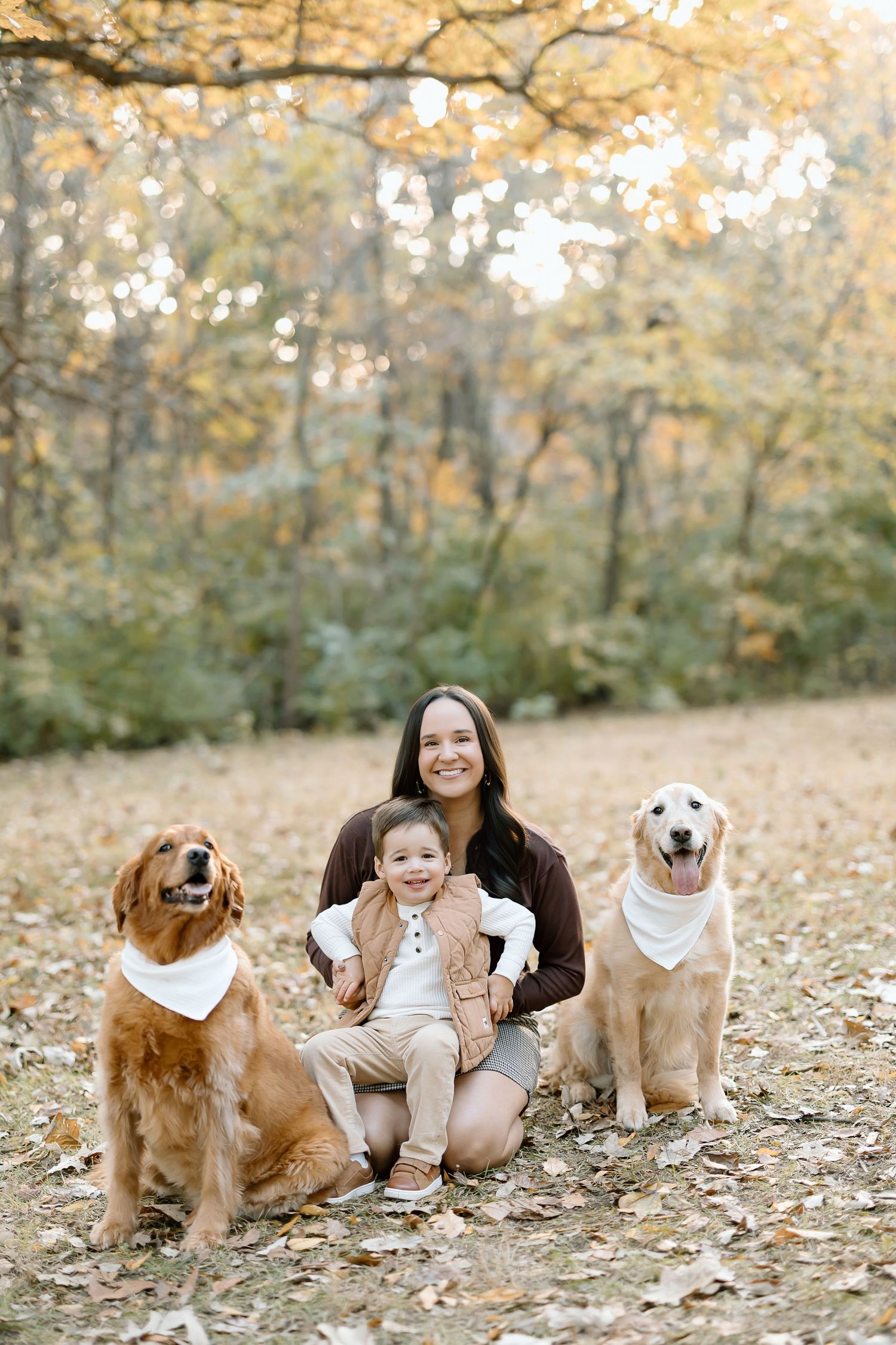 Two golden retrievers and a yellow lab wearing white bandanas sit with their family in a fall forest setting.