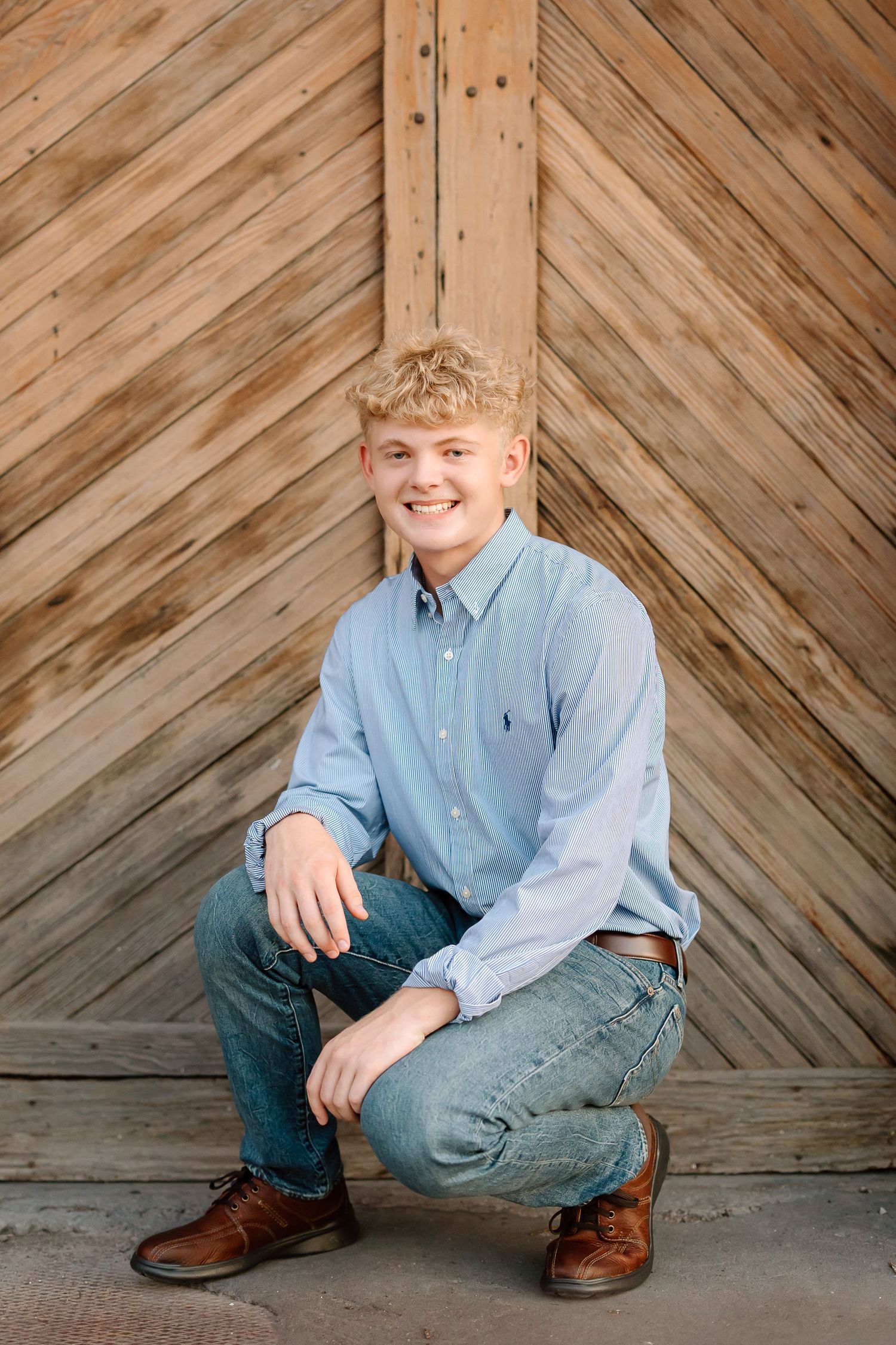 A series of casual portrait photos against a wooden diagonal wall background with brown leather shoes.