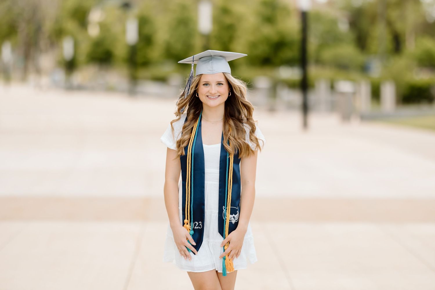 Graduate wearing cap and gown poses on beach with decorative graduation stole.