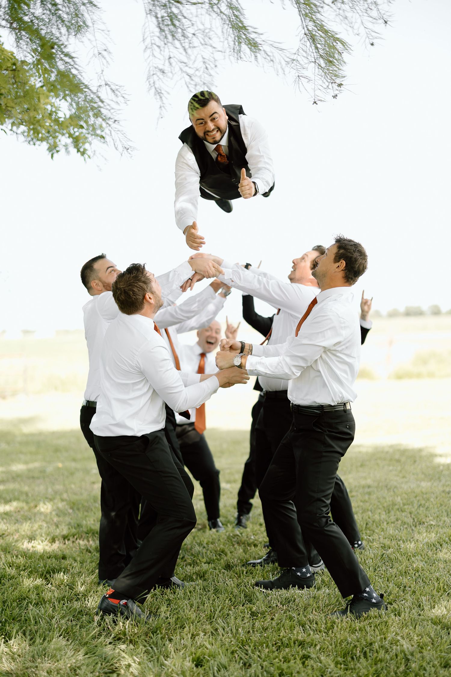 Groomsmen in matching white shirts and black pants throw someone into the air during a celebratory outdoor photo session.
