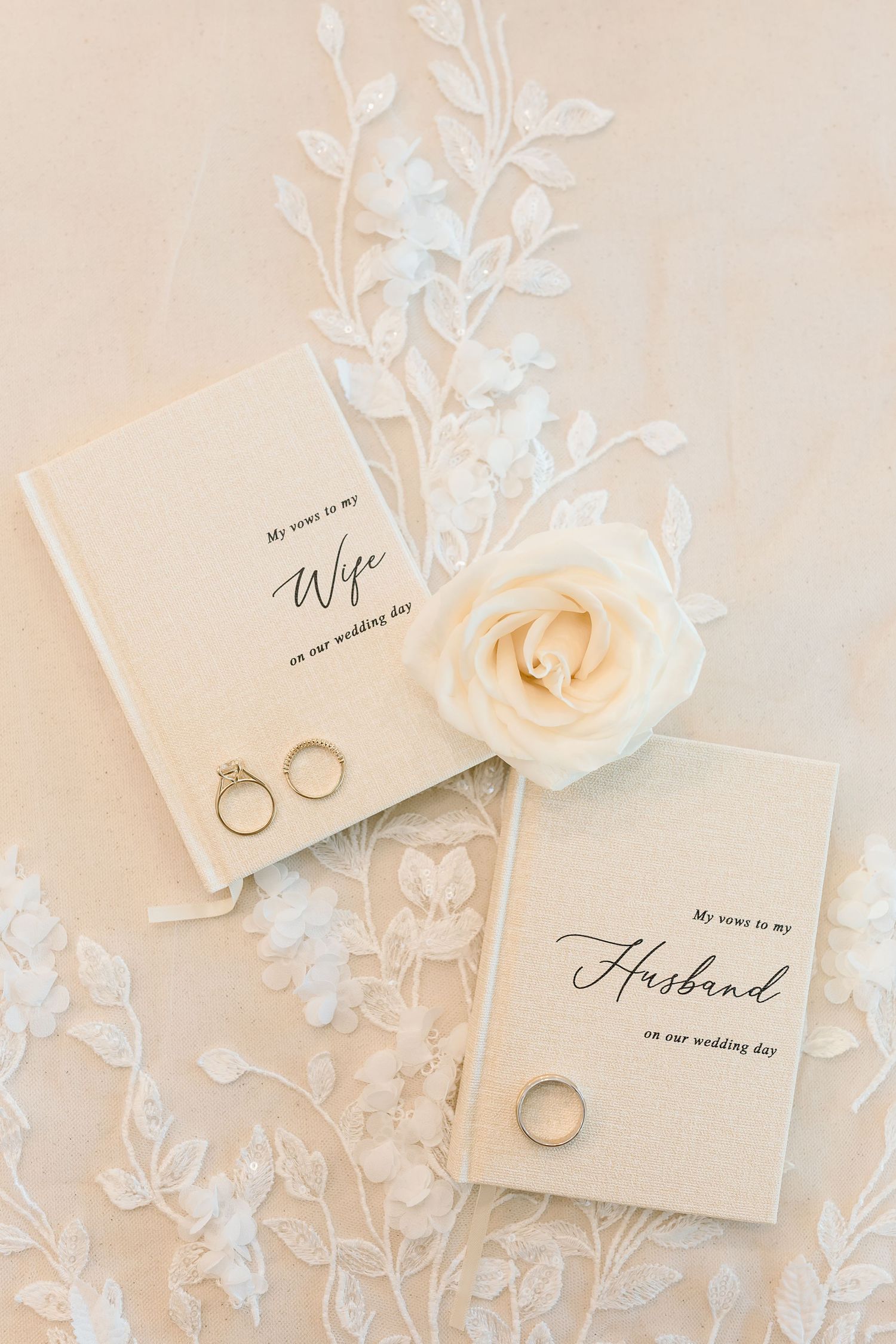 Wedding stationery and rings arranged with delicate white floral details on a soft beige background.