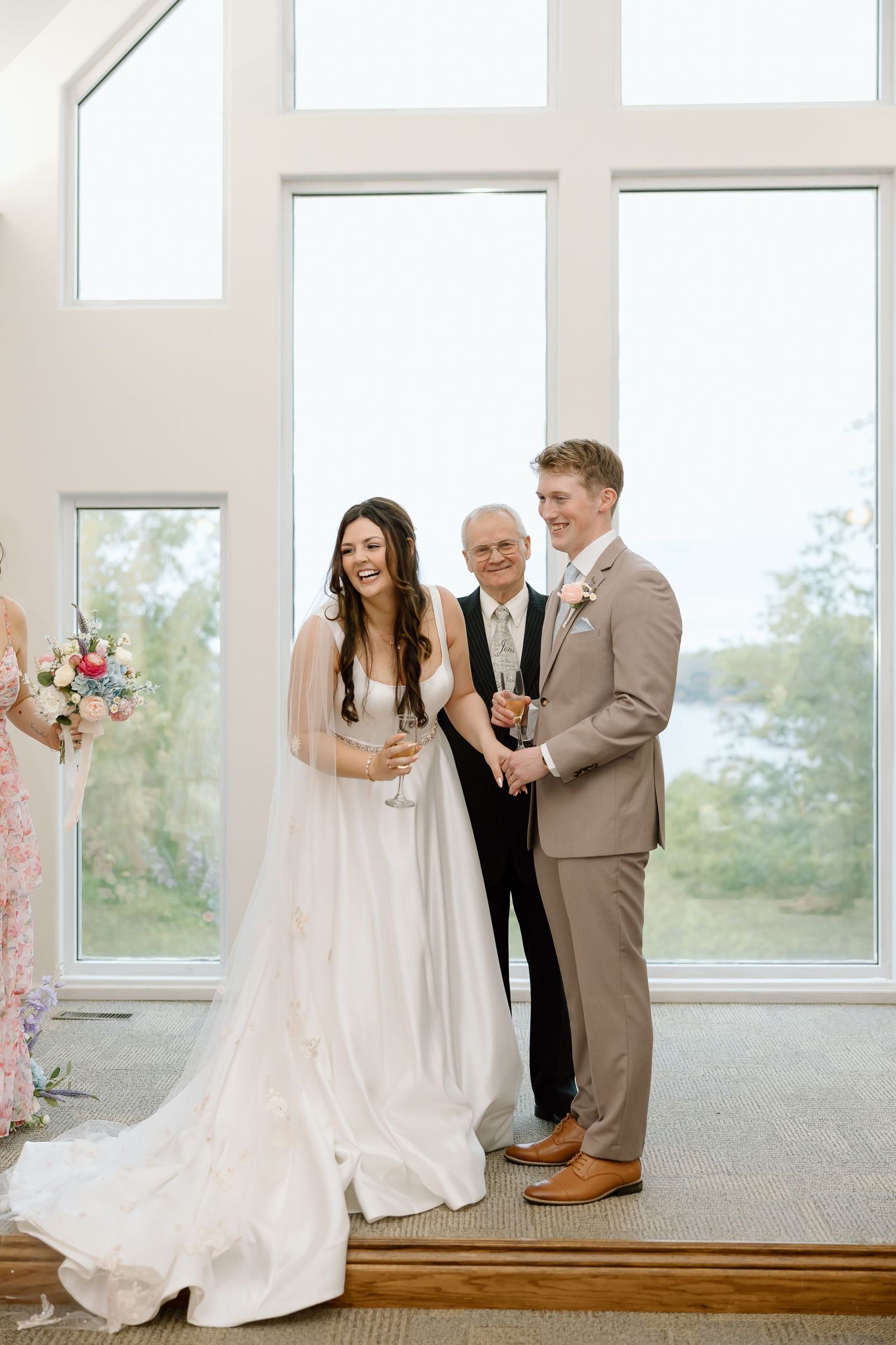 Three candid wedding moments show a bride and guests in a bright sunlit venue with large windows.
