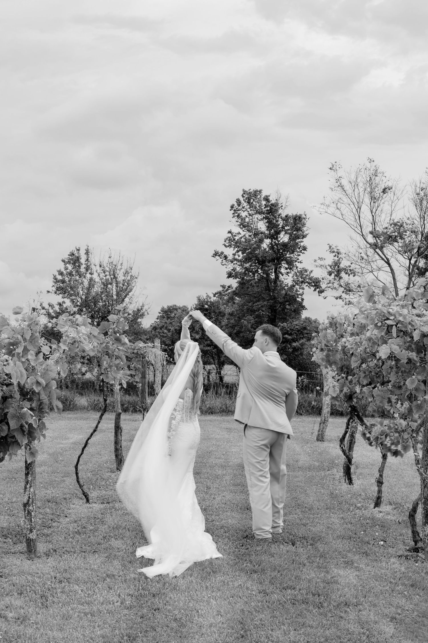 Black and white photo of bride and groom dancing in a vineyard, groom twirling bride in wedding dress and veil.