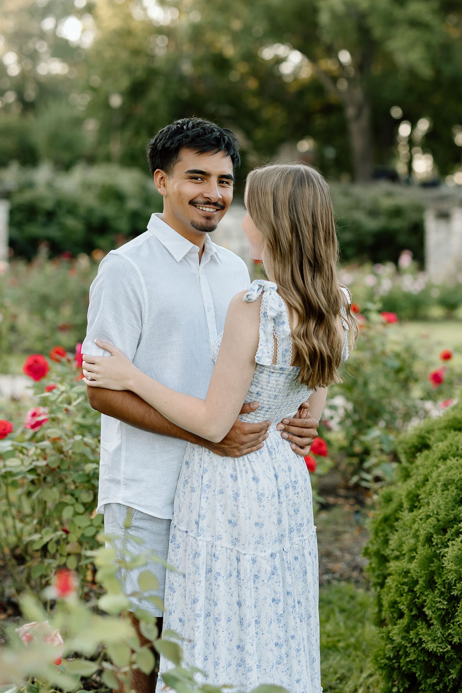 A couple embraces in a garden with blooming red roses and lush greenery on a sunny summer day.