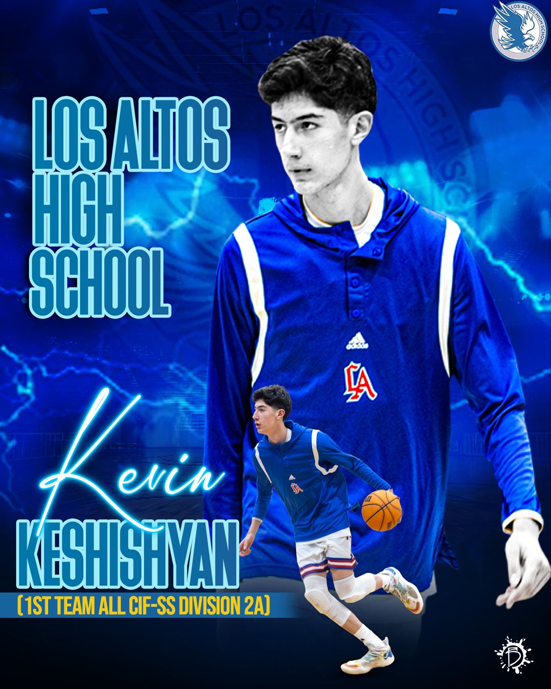 Basketball player in blue and white uniform shown posing with dynamic blue lighting effects and graphics.