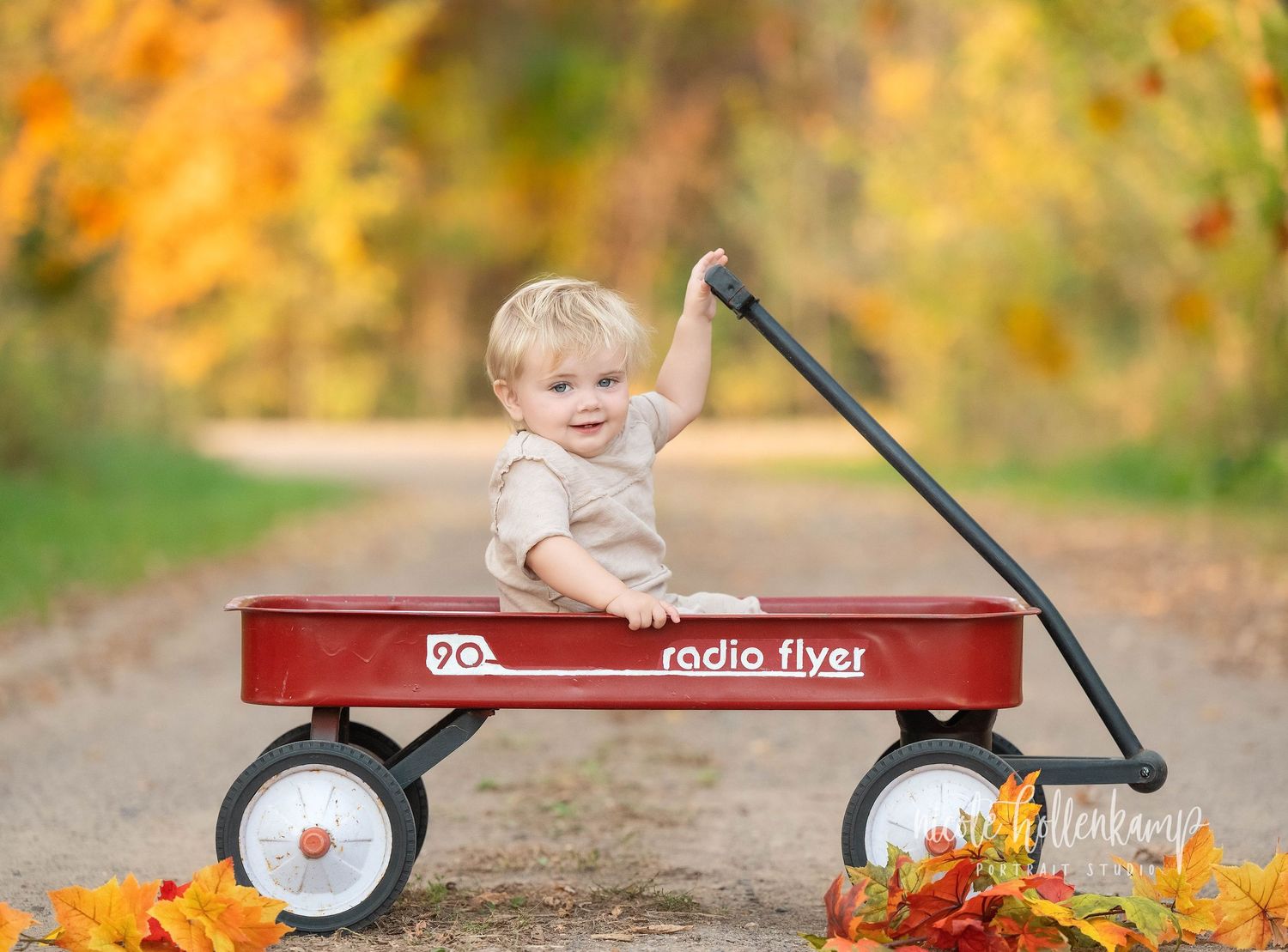 A small child sits in a red wagon surrounded by vibrant autumn leaves on a path.