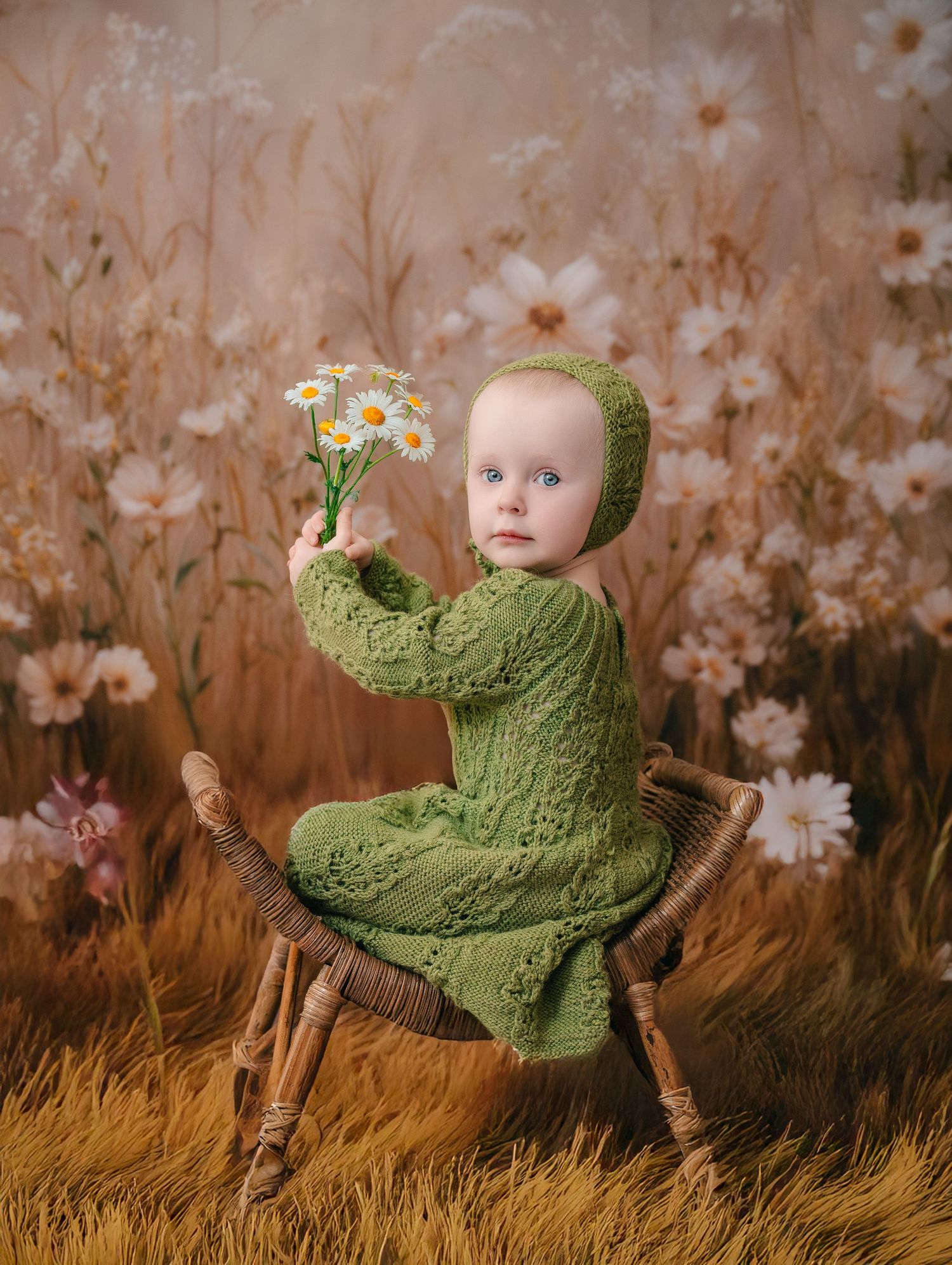 A baby in a green knit outfit holds white daisies while sitting on a wicker chair amid a floral backdrop. mother day photoshoot