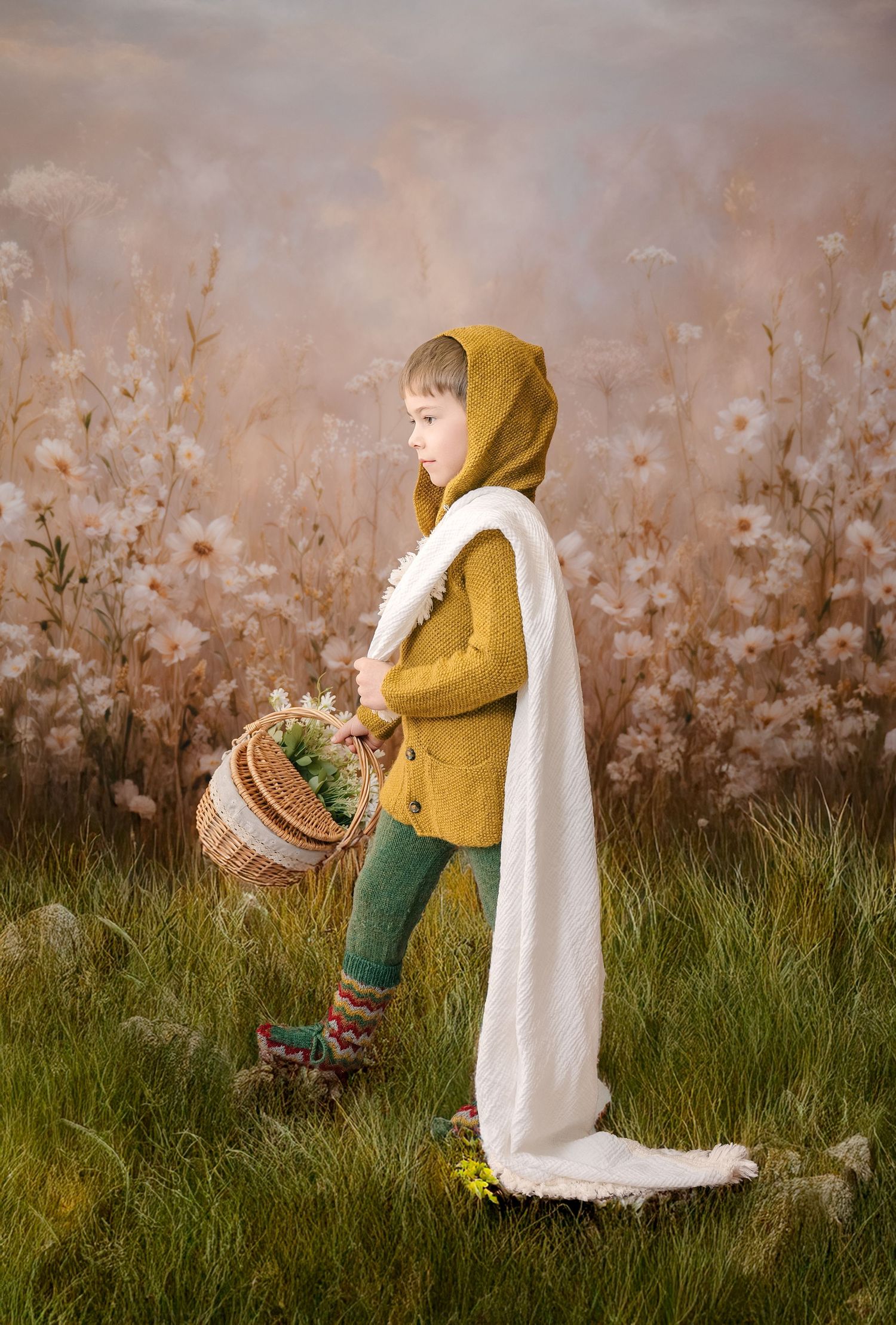 A small figure in a mustard hoodie and white cape carries a basket while standing in a misty meadow at dusk.