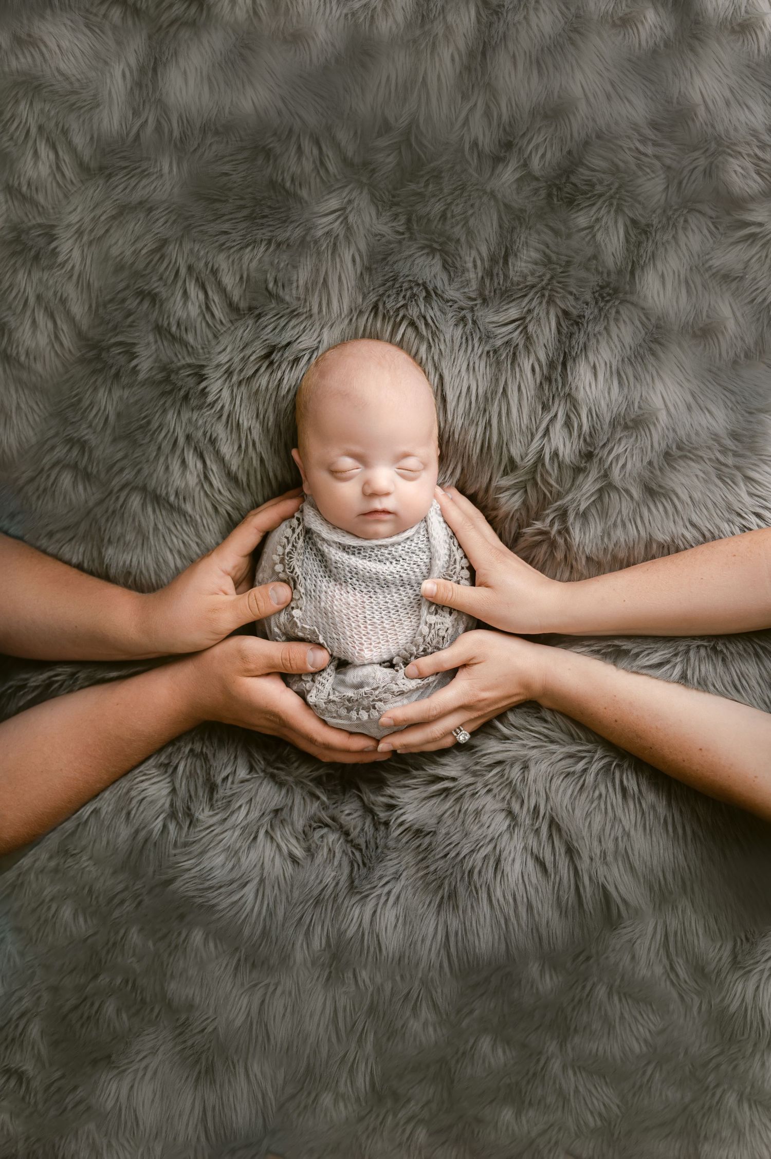 St Cloud newborn Photos of Newborn baby sleeping on gray fur rug cradled by two pairs of adult hands in a professional photo.