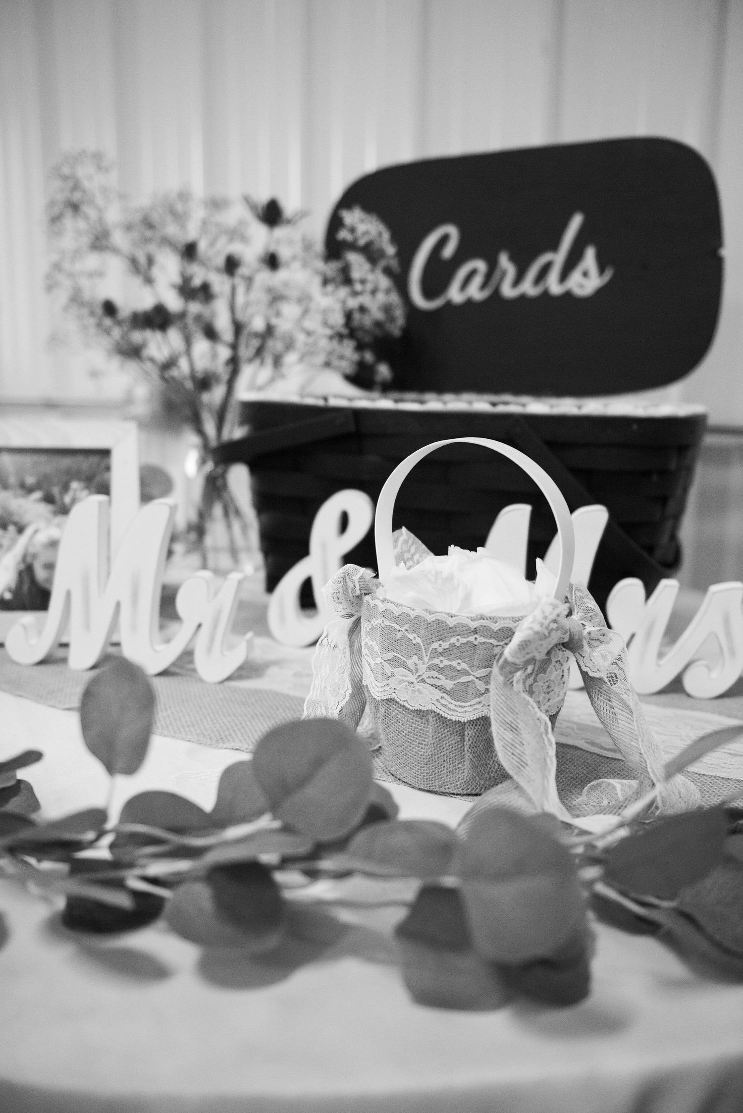 Wedding reception detail showing a 'Cards' sign, lace basket, and decorative floral arrangement in black and white. Zimmerman MN Weddings