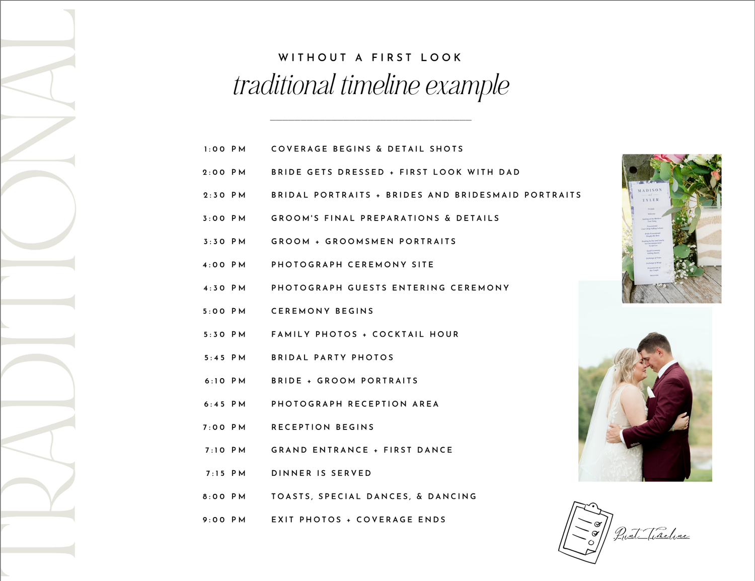 A wedding timeline template shows schedule details with small thumbnail photos beside event listings.