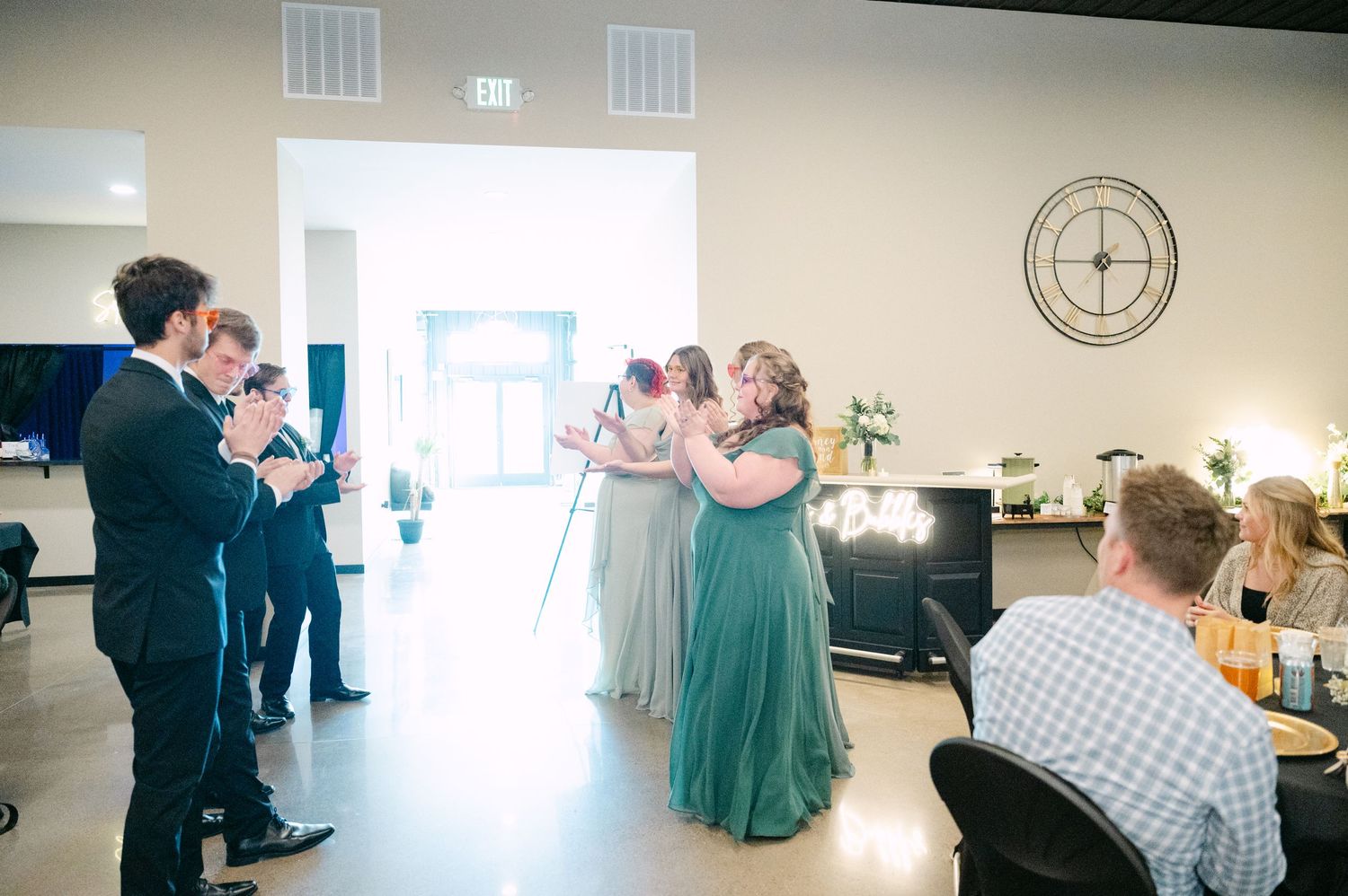 Collage of wedding reception moments showing couples dancing and embracing in a bright indoor venue.