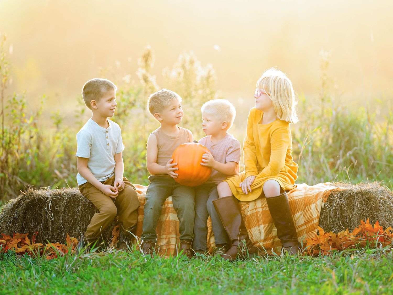 A group sits together in autumn grass at sunset with orange pumpkins and fall foliage surrounding them.