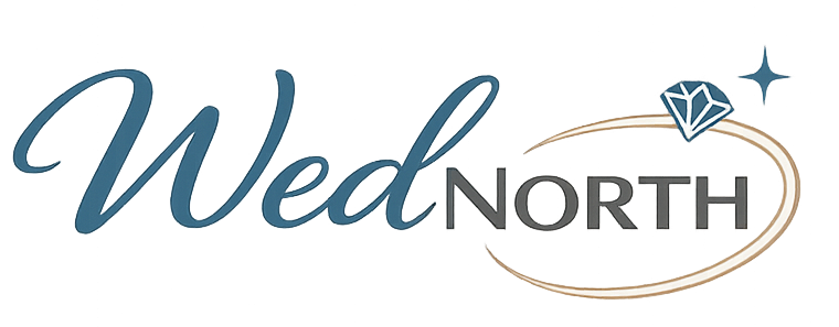 WedNorth wedding planning logo featuring elegant blue script text with a diamond ring icon and gold oval accent.
